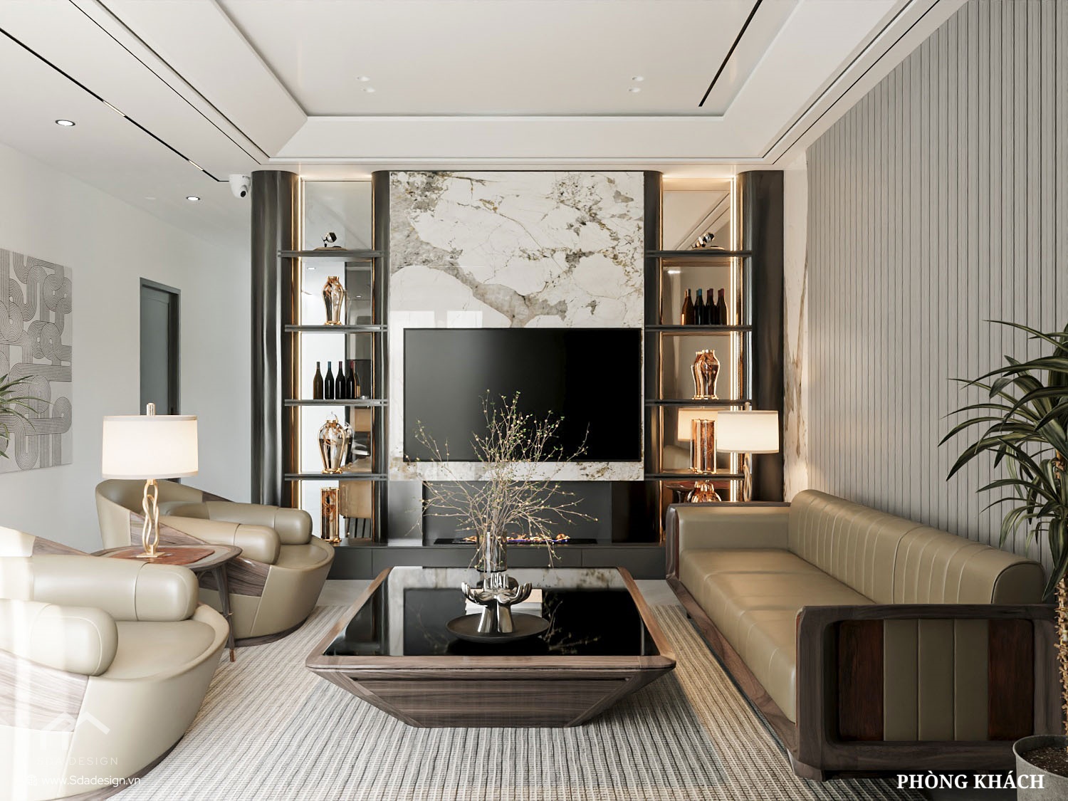 Phòng khách sang trọng với sofa da cao cấp và điểm nhấn vách TV đá vân mây.