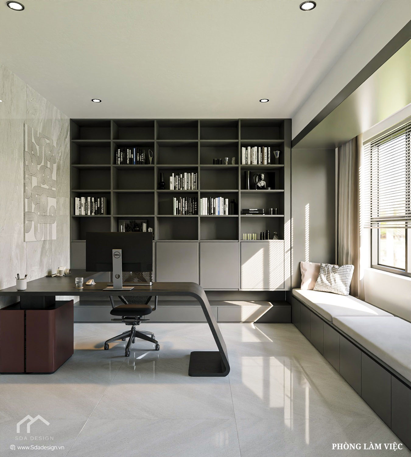Phòng làm việc tập trung, với hệ tủ sách lớn và bệ cửa sổ nghỉ ngơi.