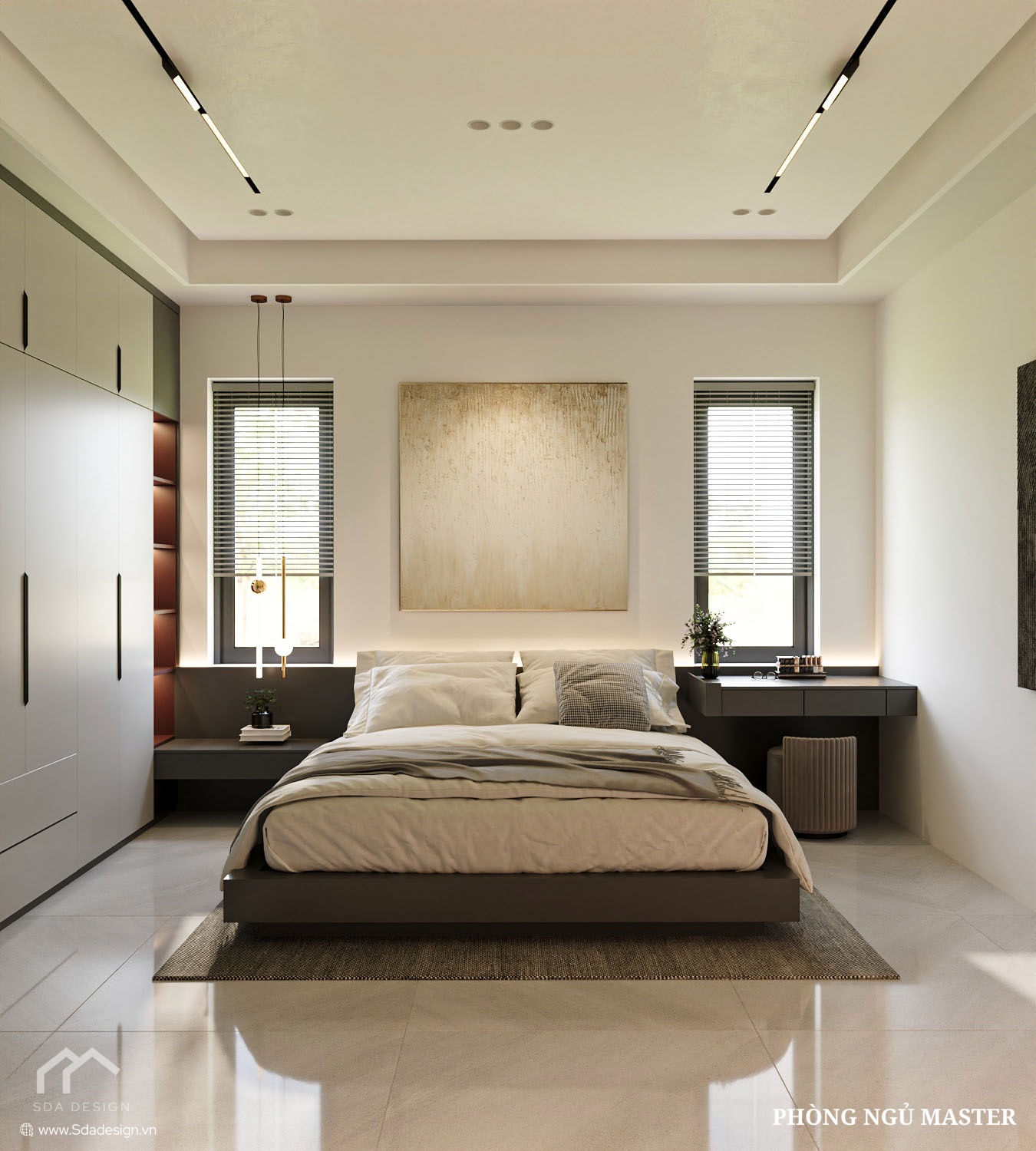 Phòng ngủ Master với giường bệt và tủ quần áo kịch trần tinh tế.
