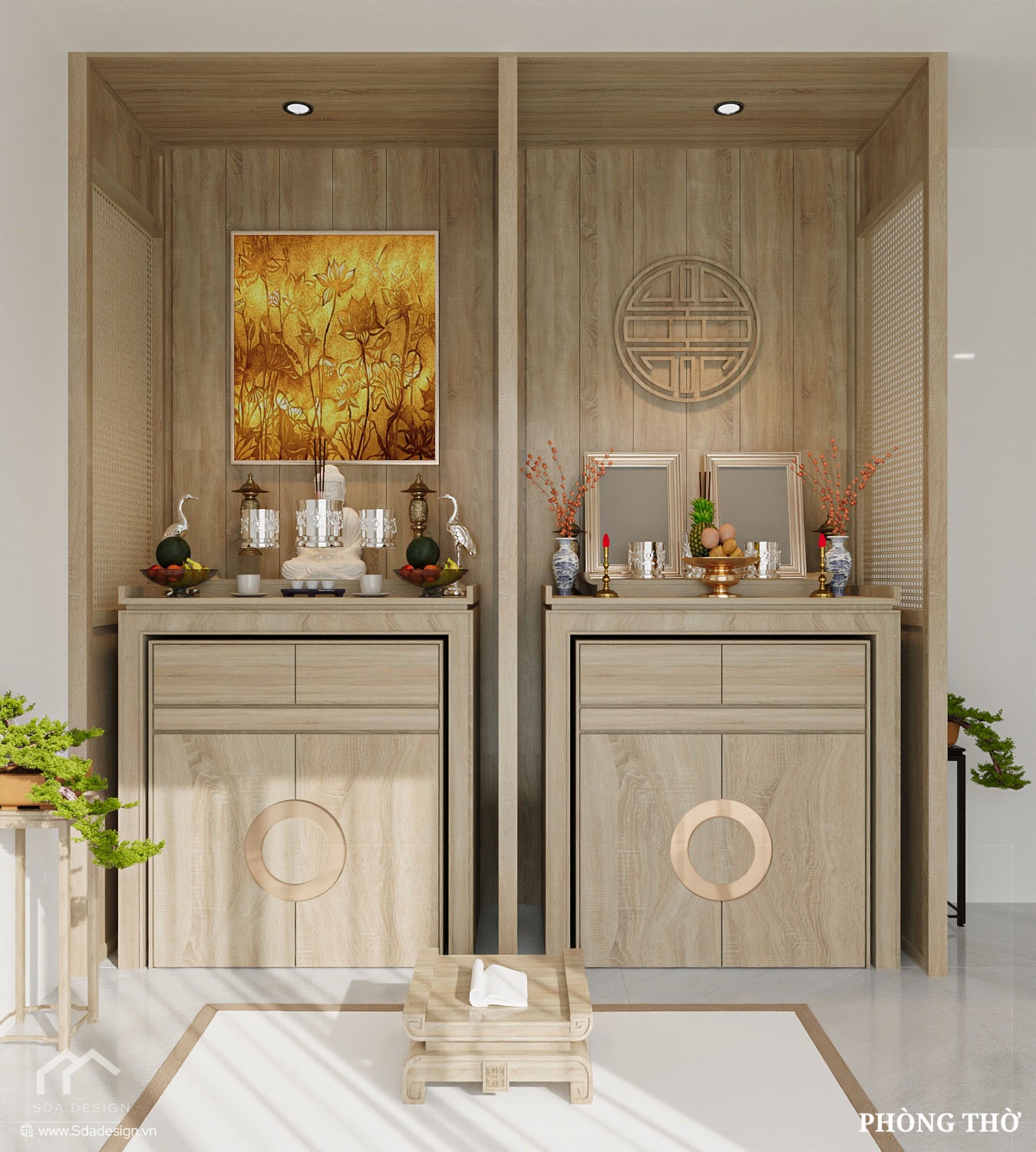 Tủ thờ đứng hiện đại với gỗ sáng màu, kết hợp hài hòa yếu tố truyền thống và hiện đại.