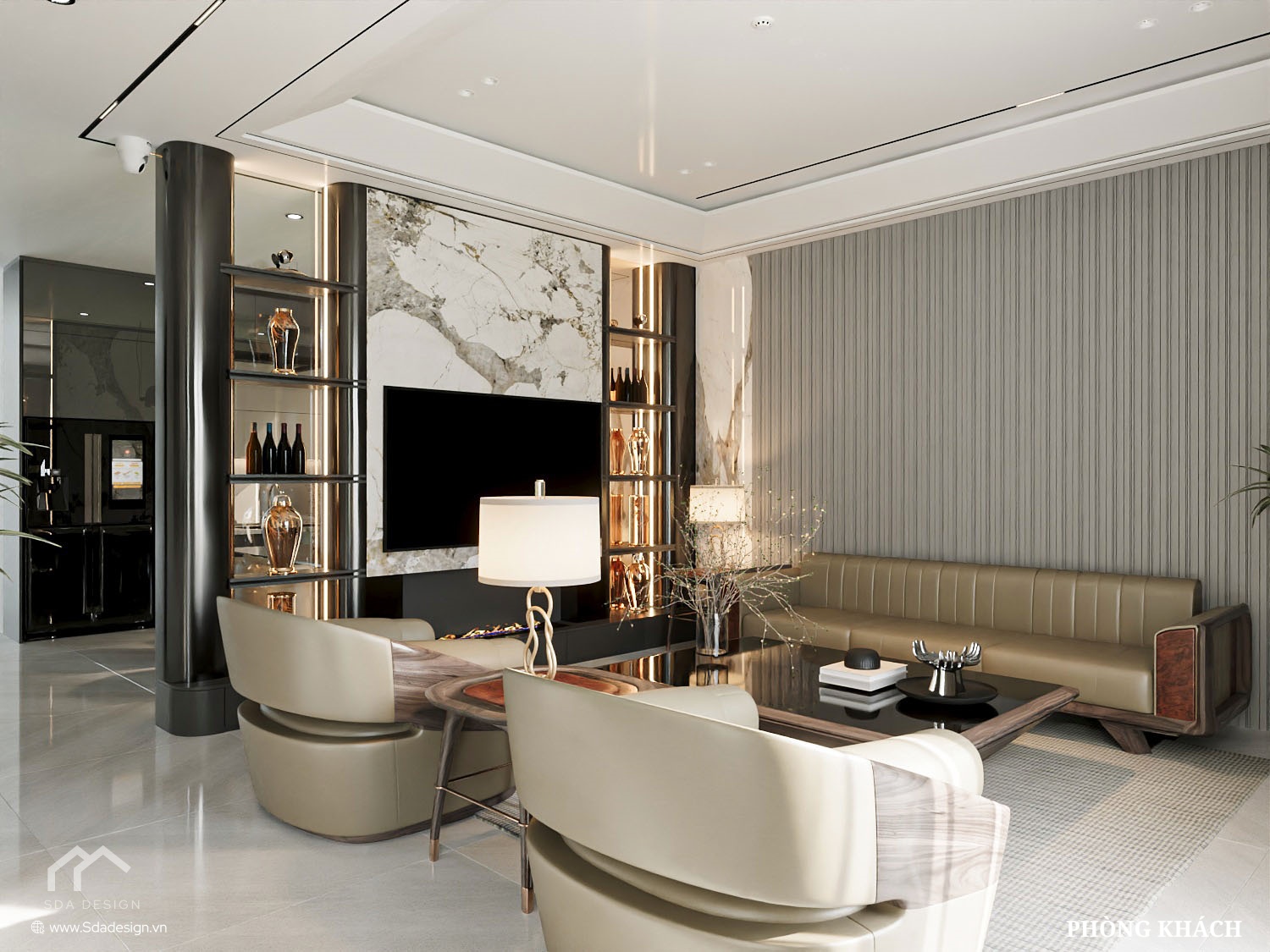 Thiết kế phòng khách hiện đại Luxury với vách đá Marble và tông Nude – SDA Design