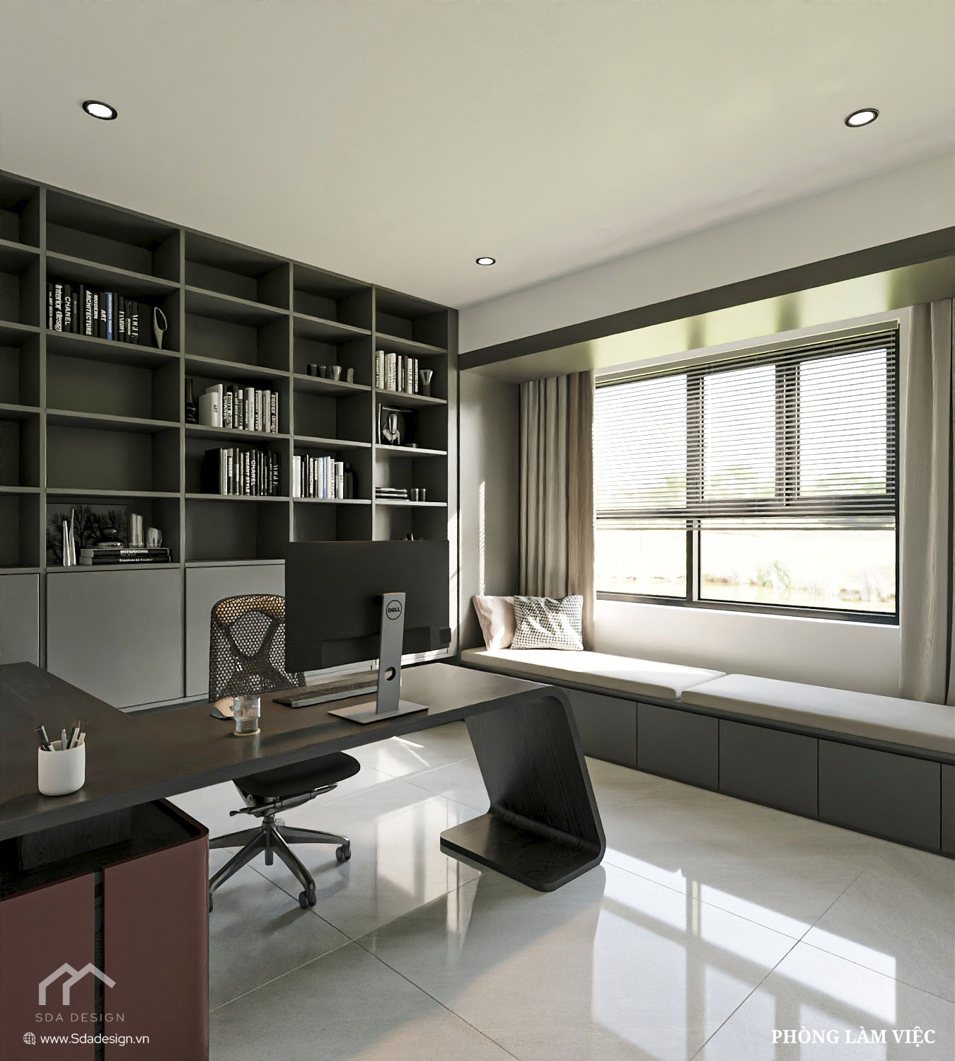 Thiết kế phòng làm việc tối giản màu xám đậm, bàn làm việc độc đáo – SDA Design