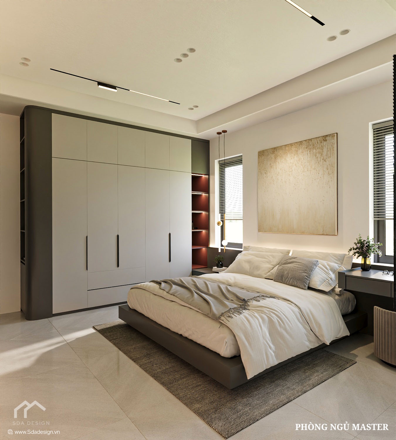 Phòng ngủ Master với giường bệt và tủ quần áo kịch trần tinh tế.