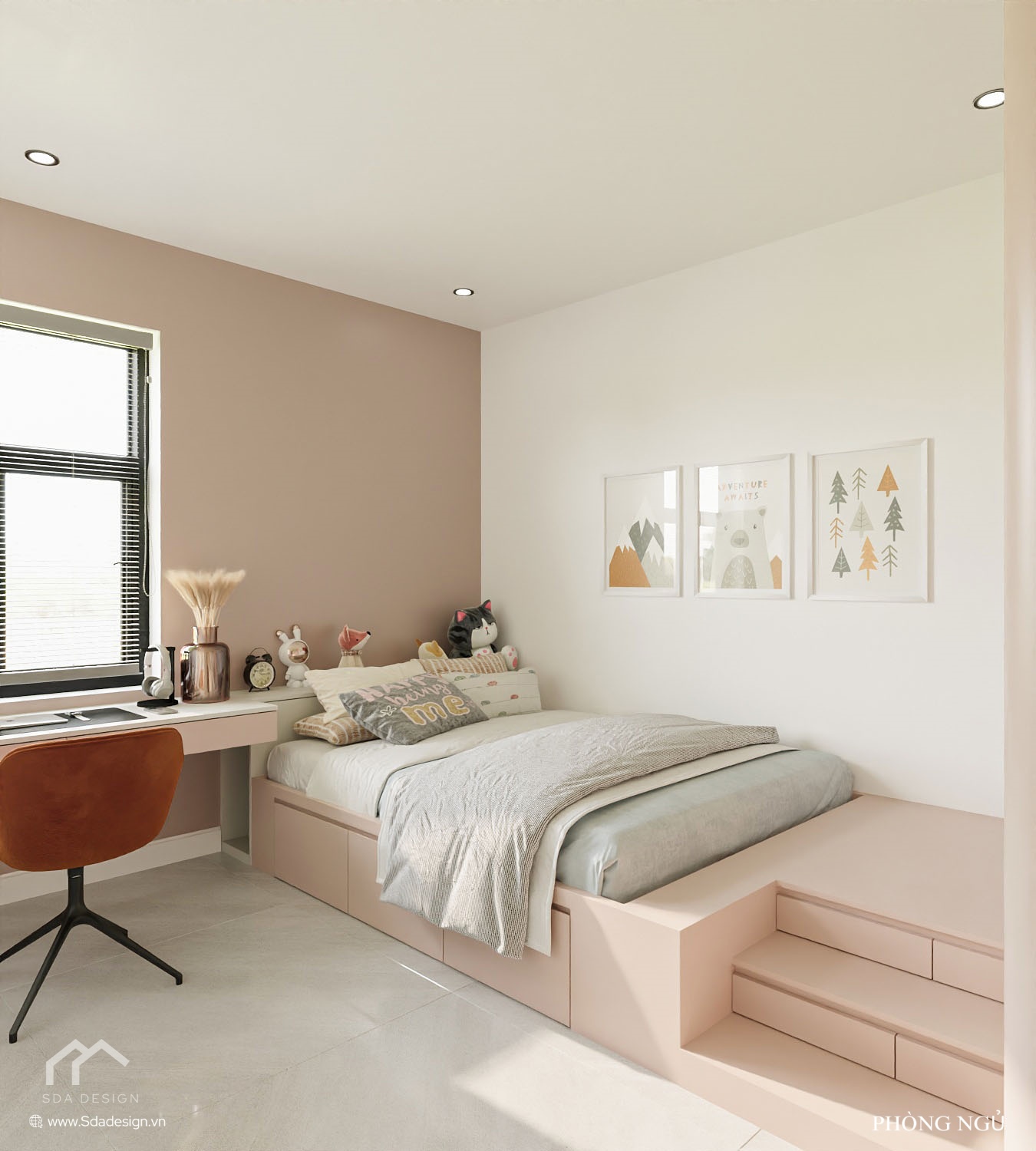 Thiết kế phòng ngủ bé gái tông hồng pastel, hiện đại nhà Mr. Tiến – SDA Design