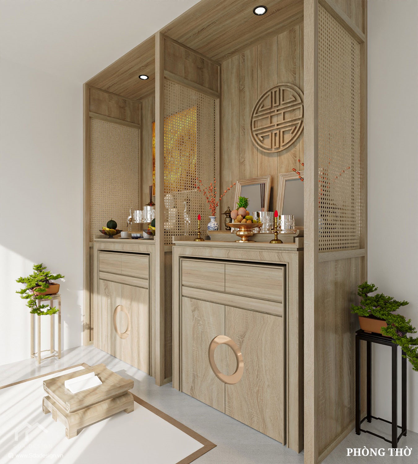Thiết kế phòng thờ hiện đại gỗ sáng, vách mây tre đan – SDA Design
