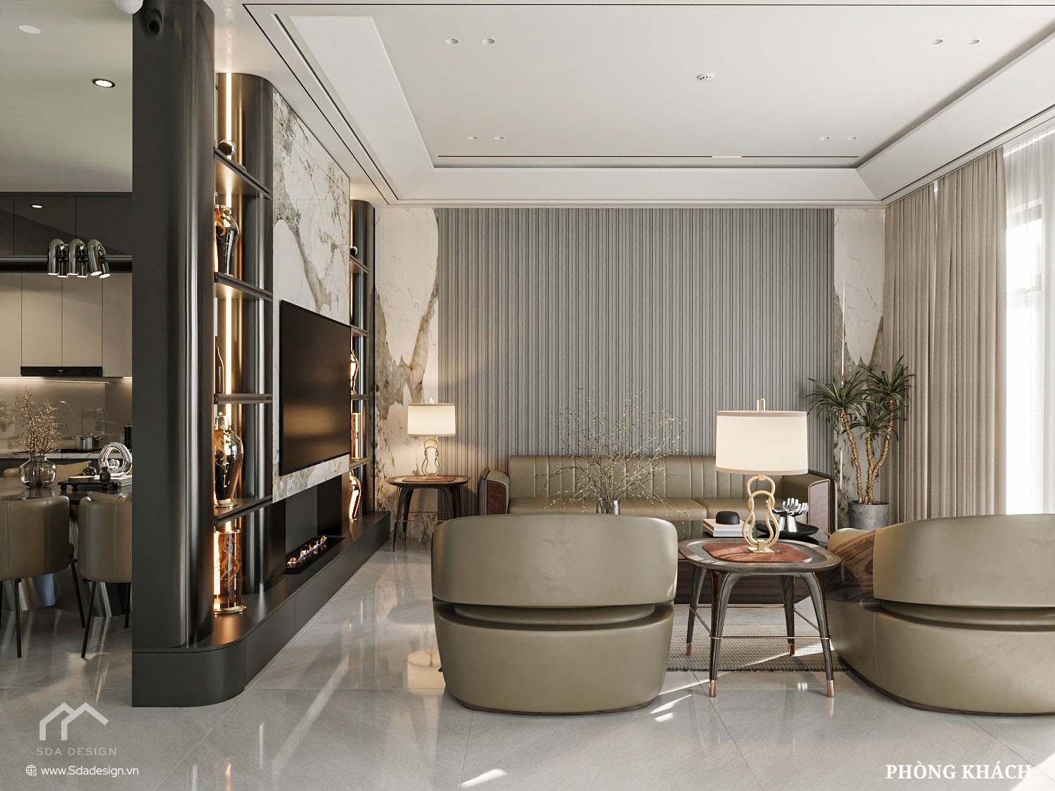 Thiết kế phòng khách hiện đại Luxury với vách đá Marble và tông Nude – SDA Design