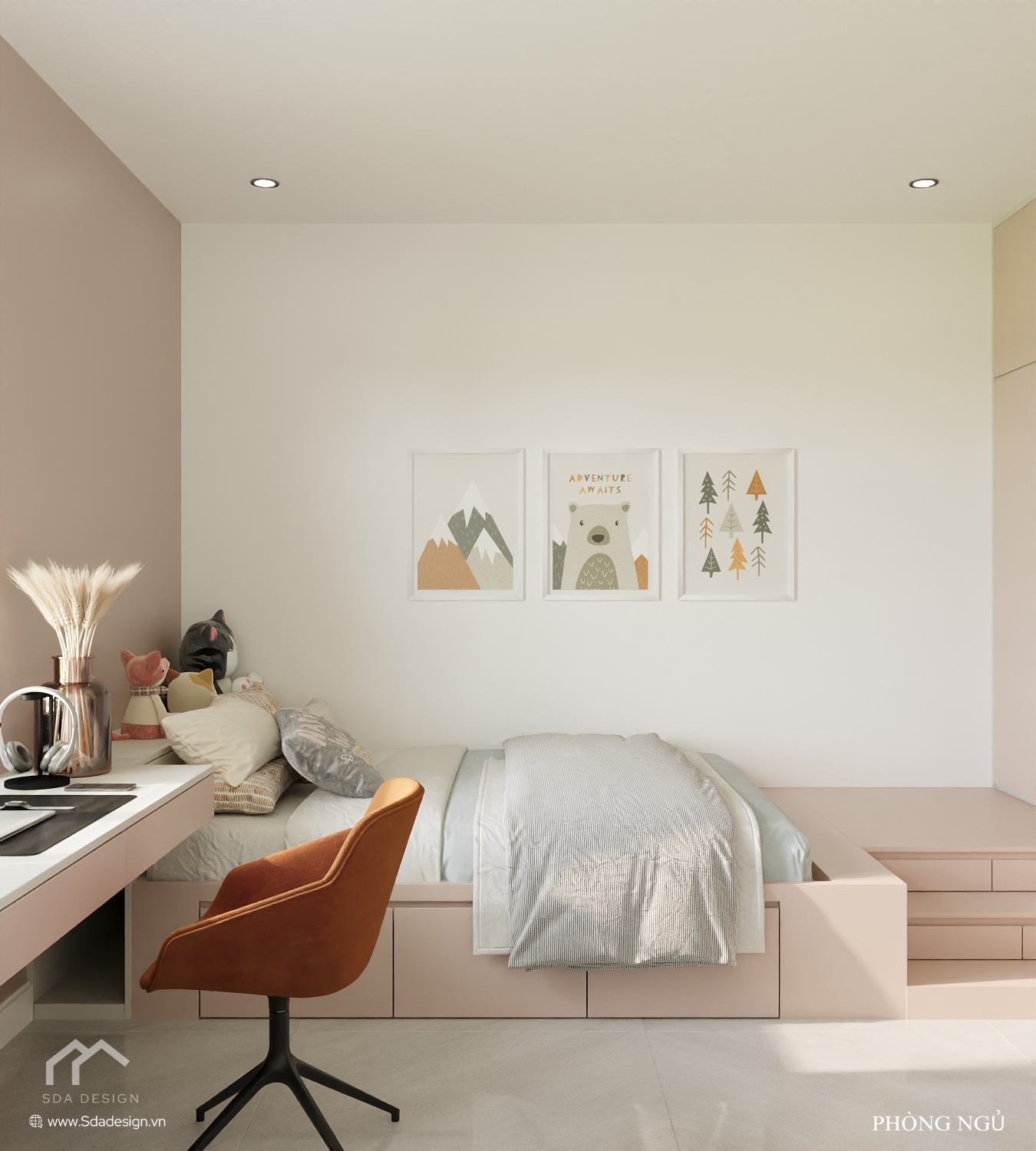 Thiết kế phòng ngủ bé gái tông hồng pastel, hiện đại nhà Mr. Tiến – SDA Design