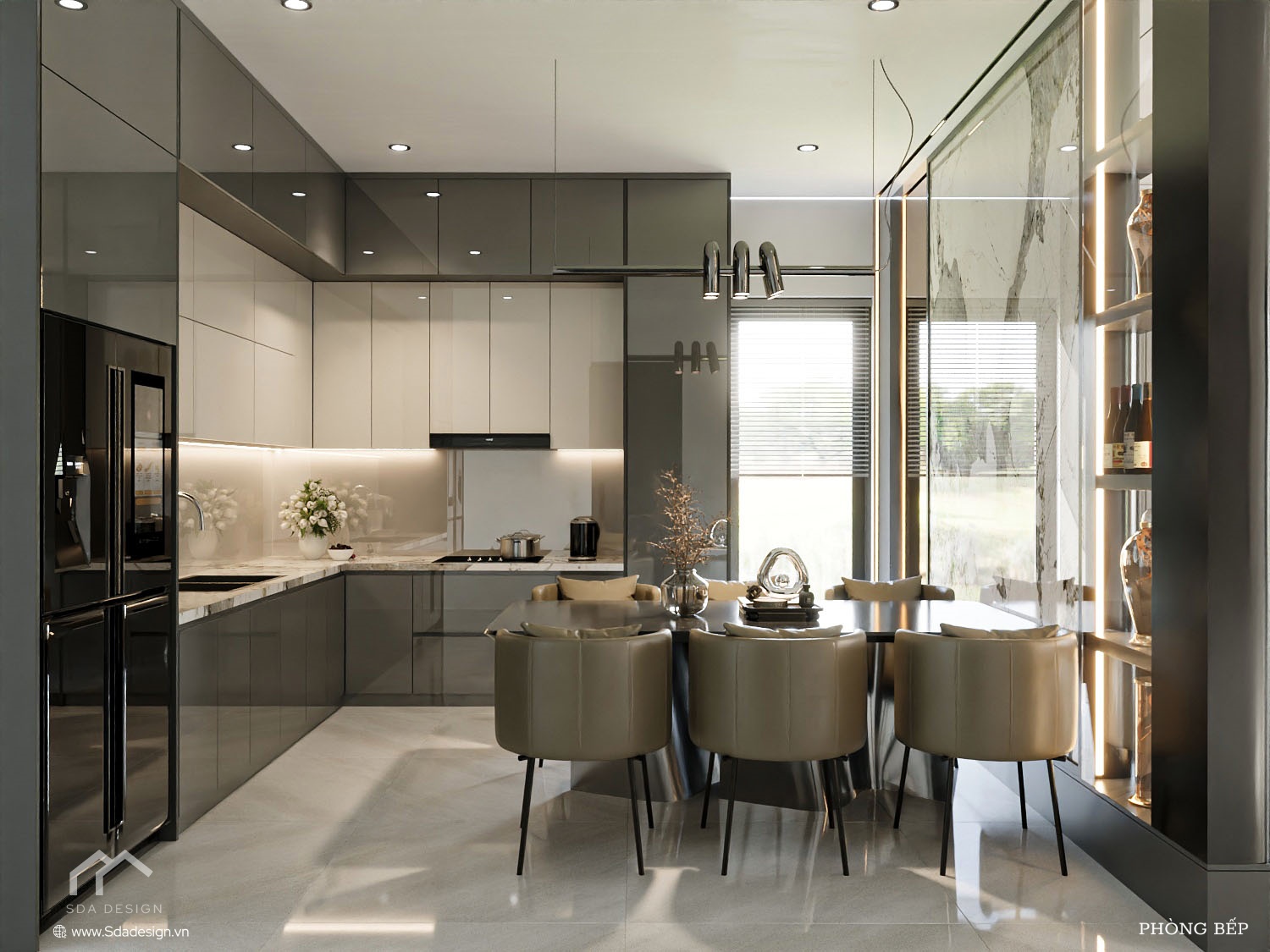 Khu vực bếp ăn hiện đại Luxury với tủ Acrylic bóng màu xám – SDA Design