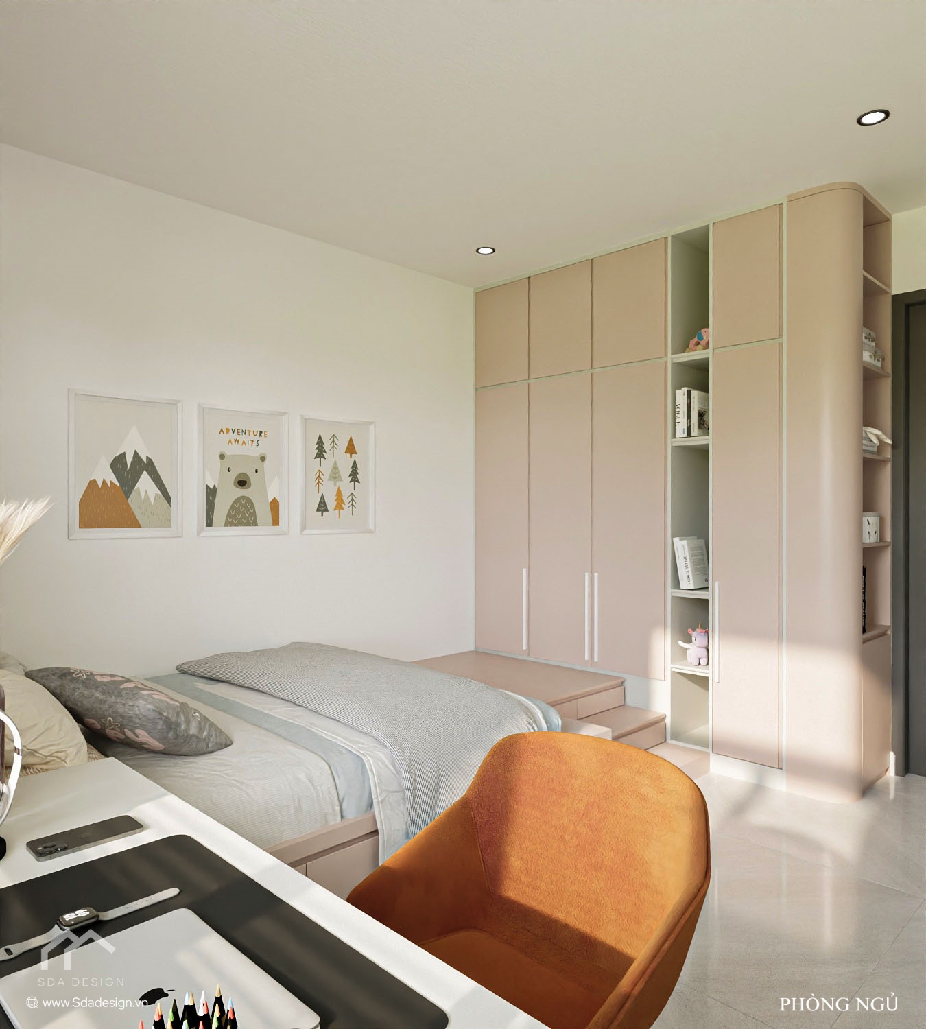 Thiết kế phòng ngủ bé gái tông hồng pastel, hiện đại nhà Mr. Tiến – SDA Design