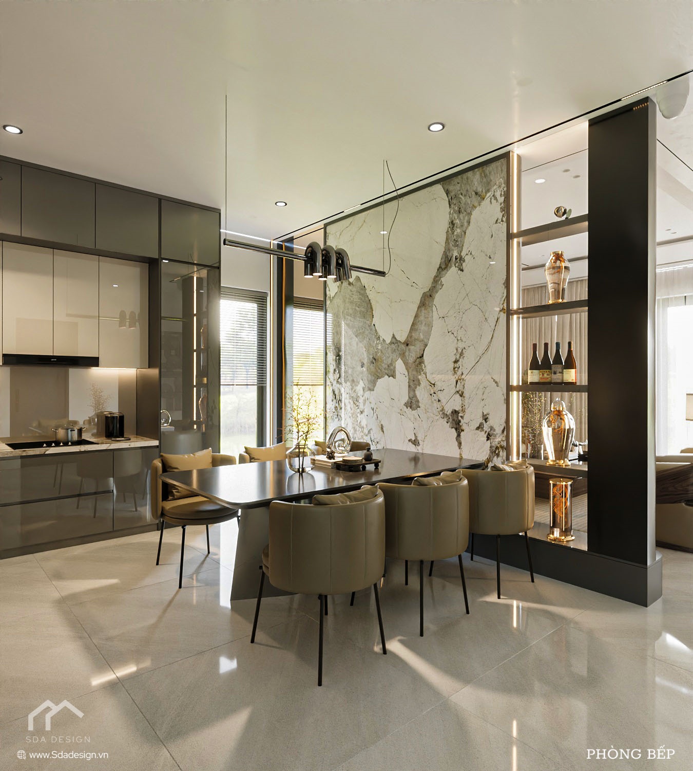 Khu vực bếp ăn hiện đại Luxury với tủ Acrylic bóng màu xám – SDA Design