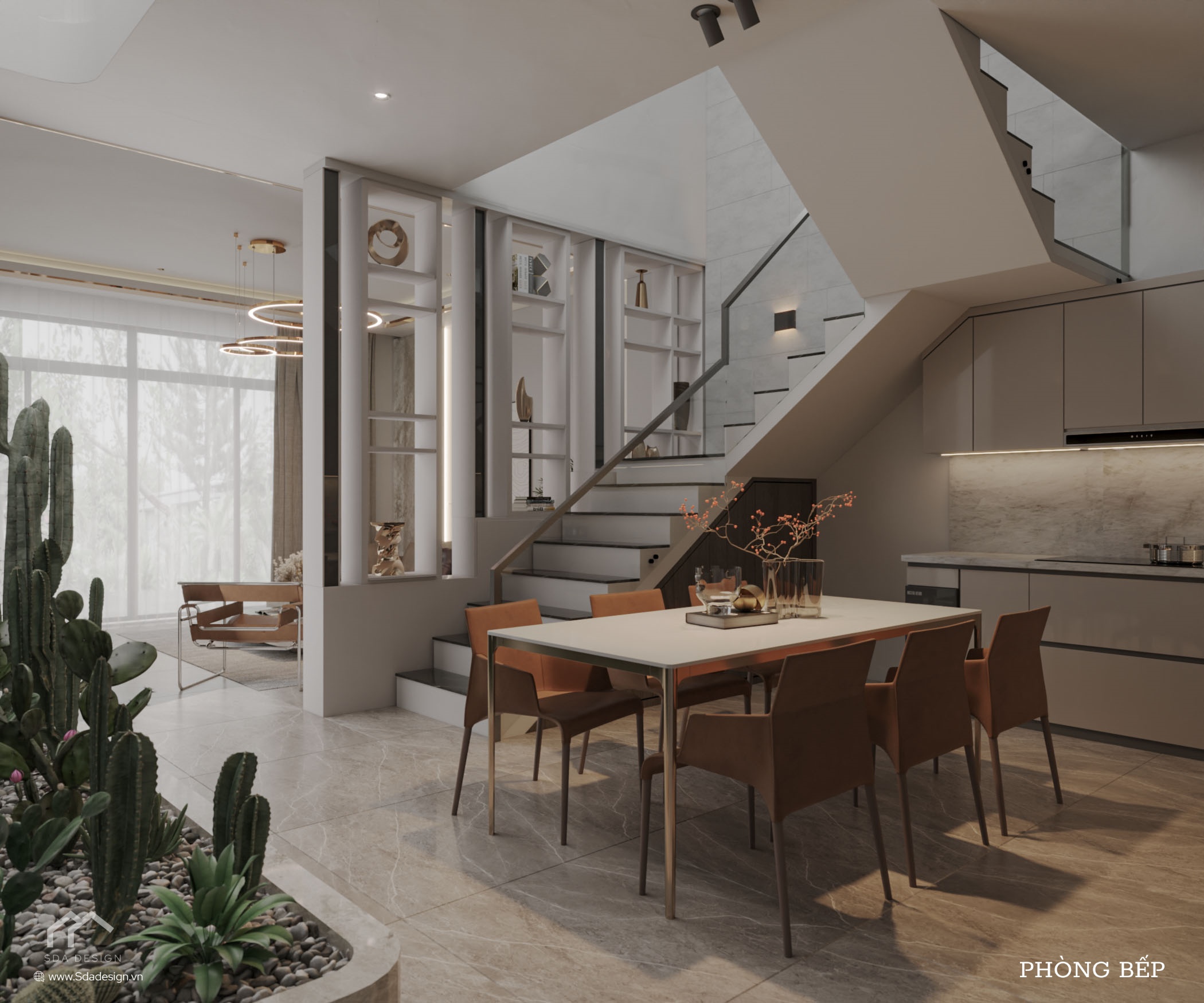 Khu vực bếp và bàn ăn tối ưu dưới gầm cầu thang nhà phố Mr. Thục