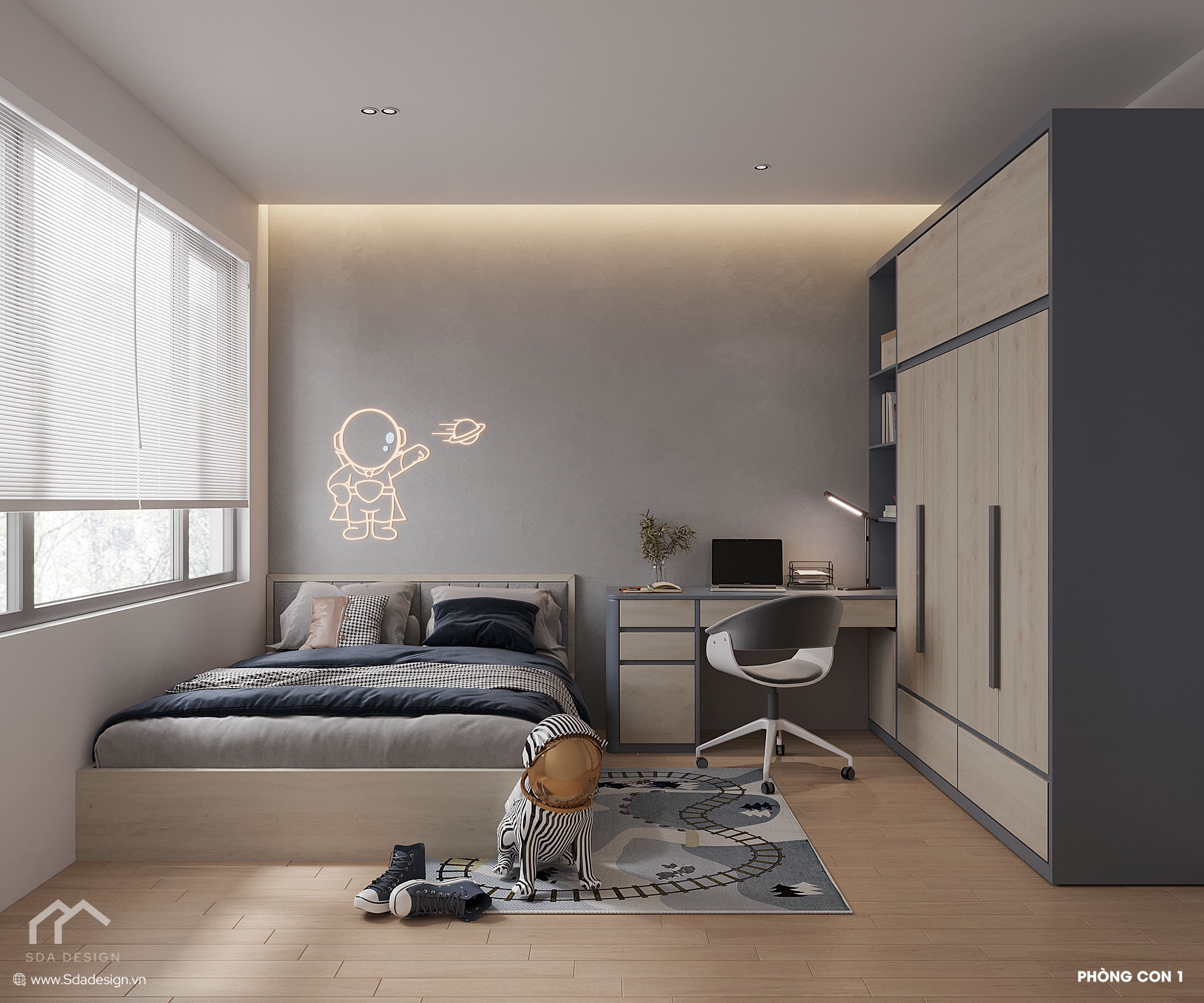 Nội thất phòng ngủ trẻ em chủ đề vũ trụ màu xanh xám SDA Design