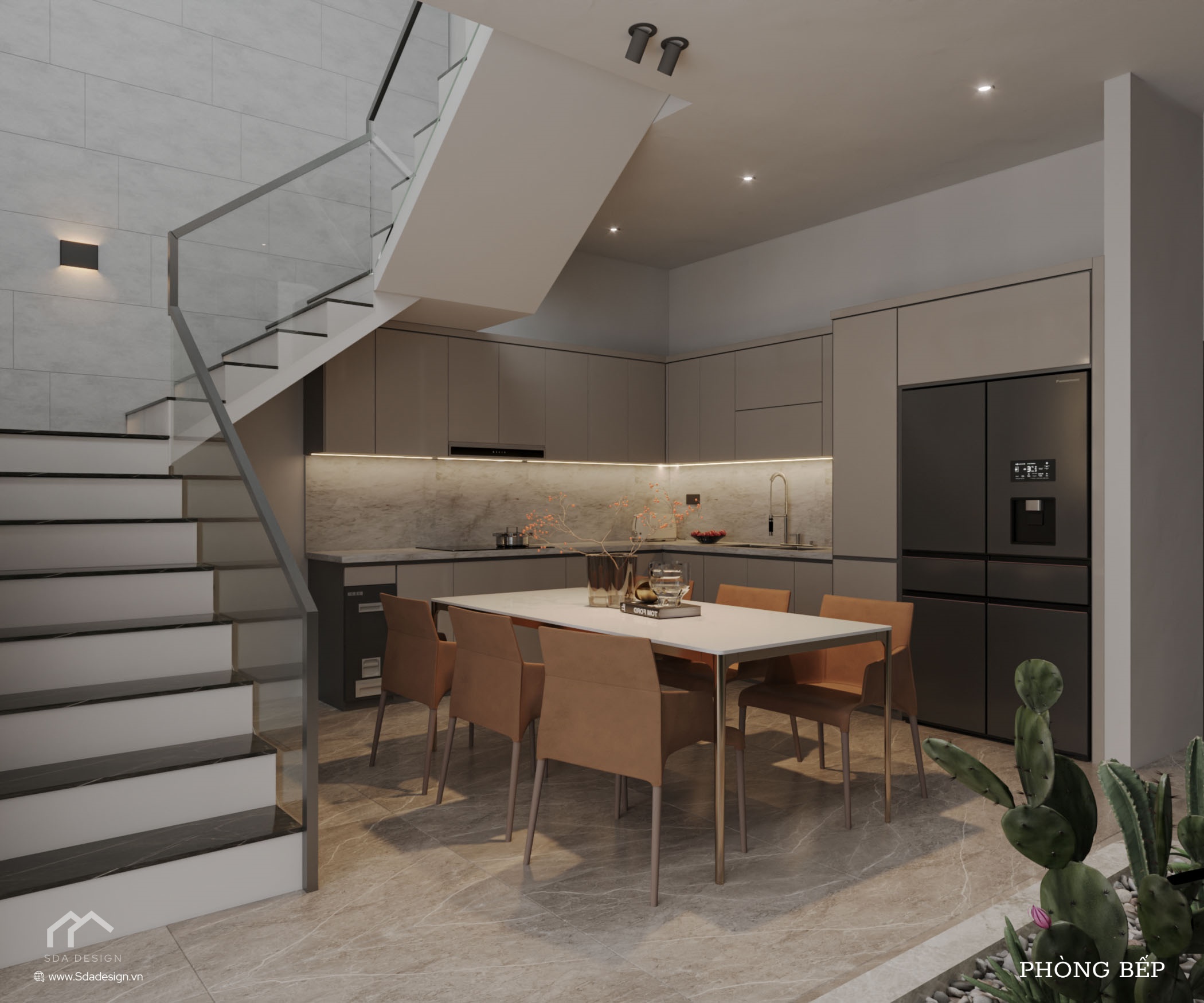 Bếp ăn hiện đại tông xám, tận dụng không gian triệt để dưới gầm cầu thang.