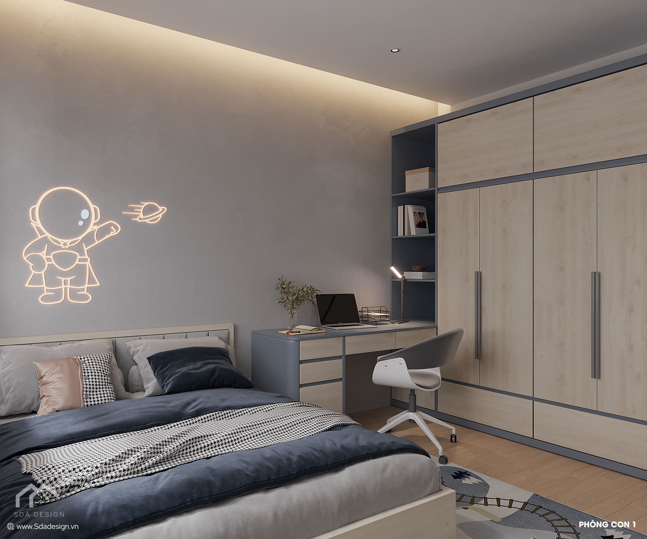 Nội thất phòng ngủ trẻ em chủ đề vũ trụ màu xanh xám SDA Design