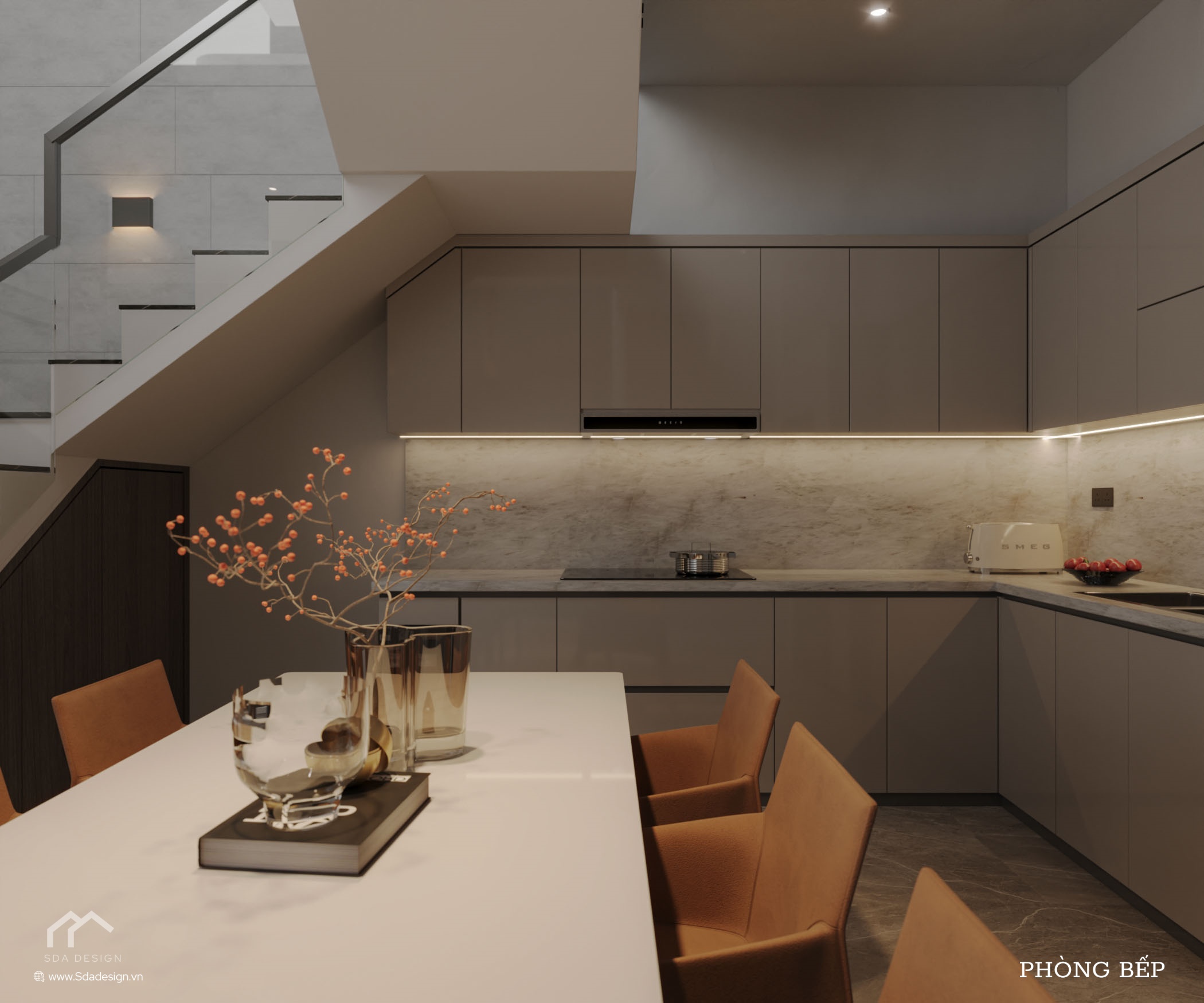Khu vực bếp và bàn ăn tối ưu dưới gầm cầu thang nhà phố Mr. Thục