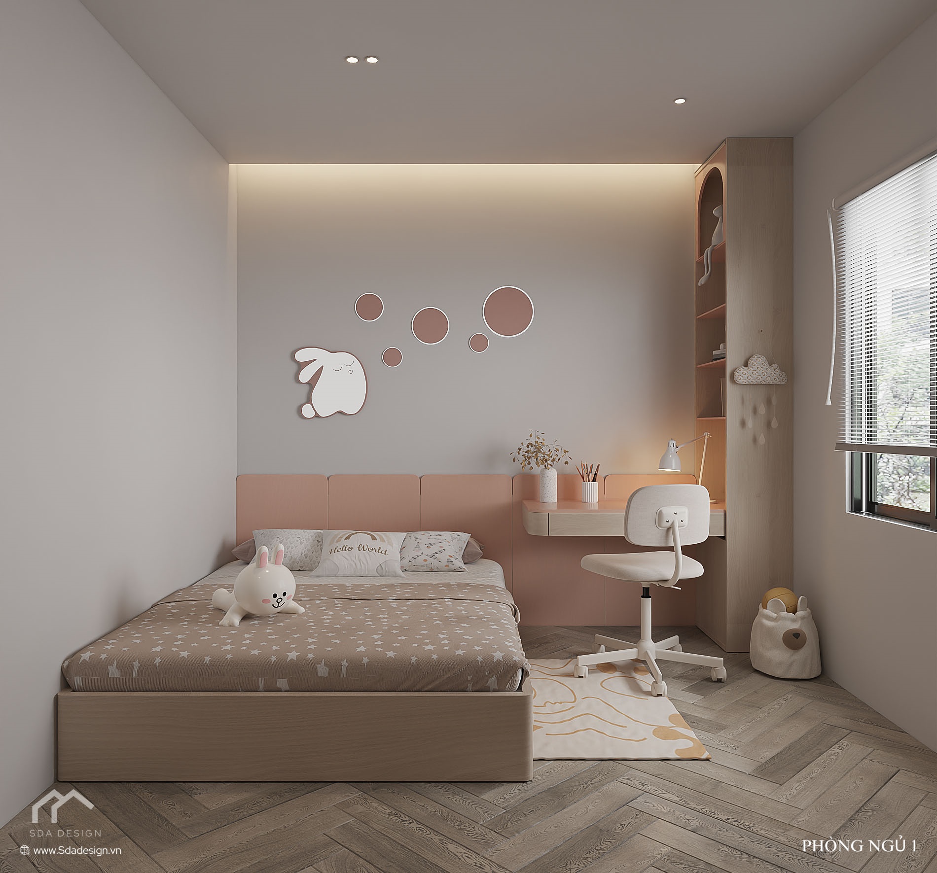 Thiết kế phòng ngủ bé gái hiện đại tông hồng pastel và gỗ sáng – SDA Design