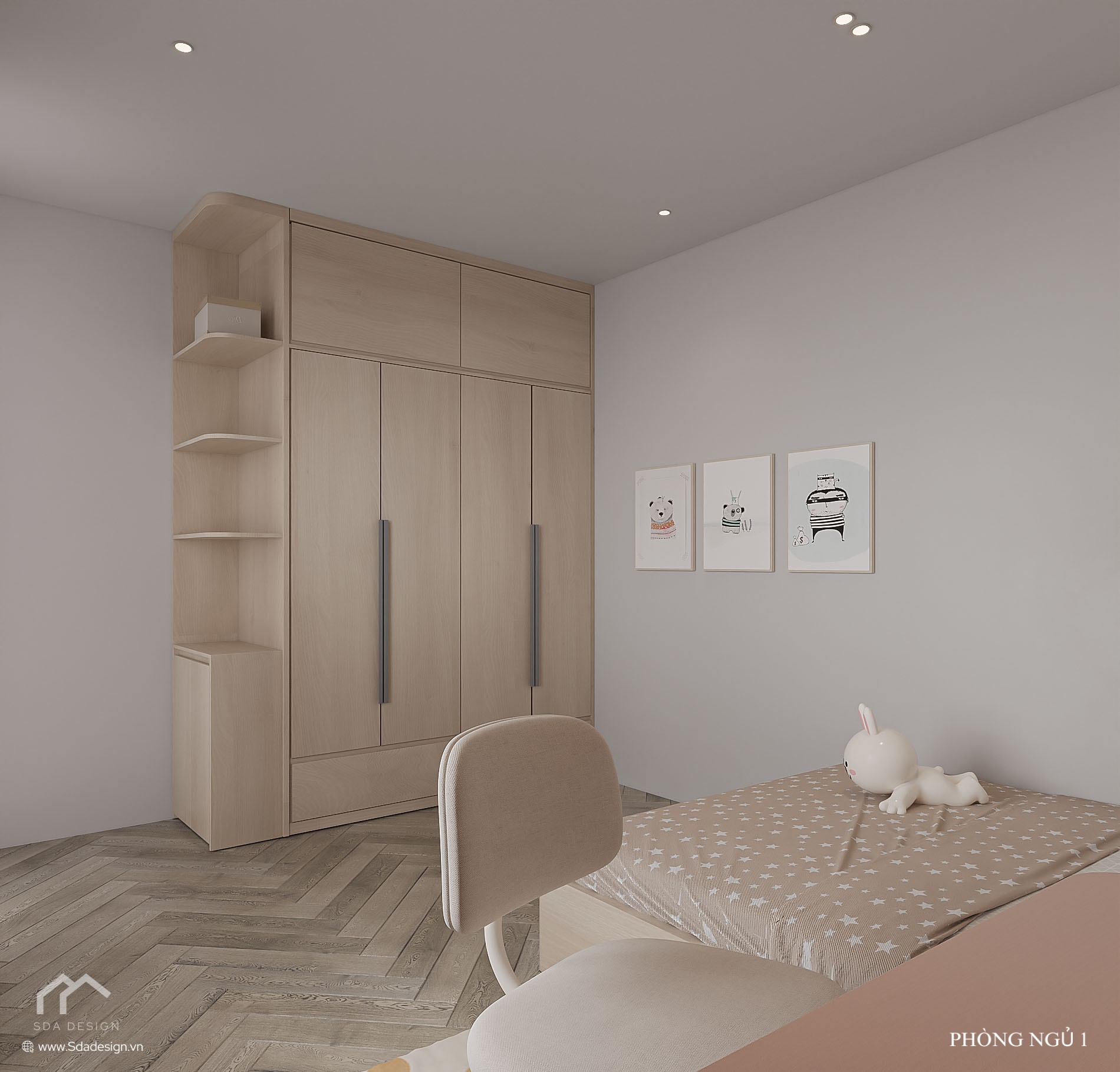 Tủ quần áo gỗ công nghiệp kịch trần trong phòng ngủ bé gái