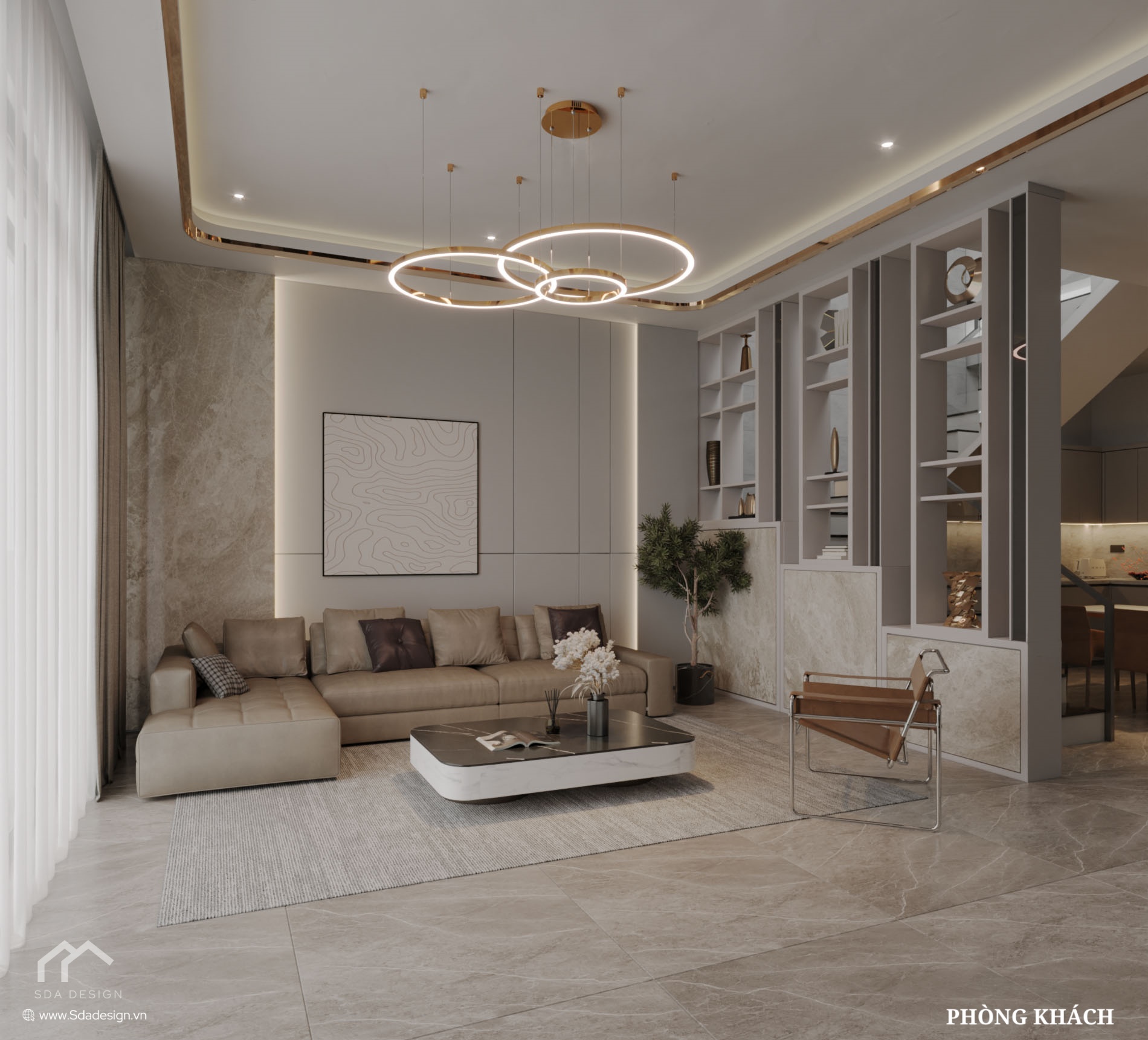 Thiết kế phòng khách hiện đại Luxury màu be và Gold – SDA Design