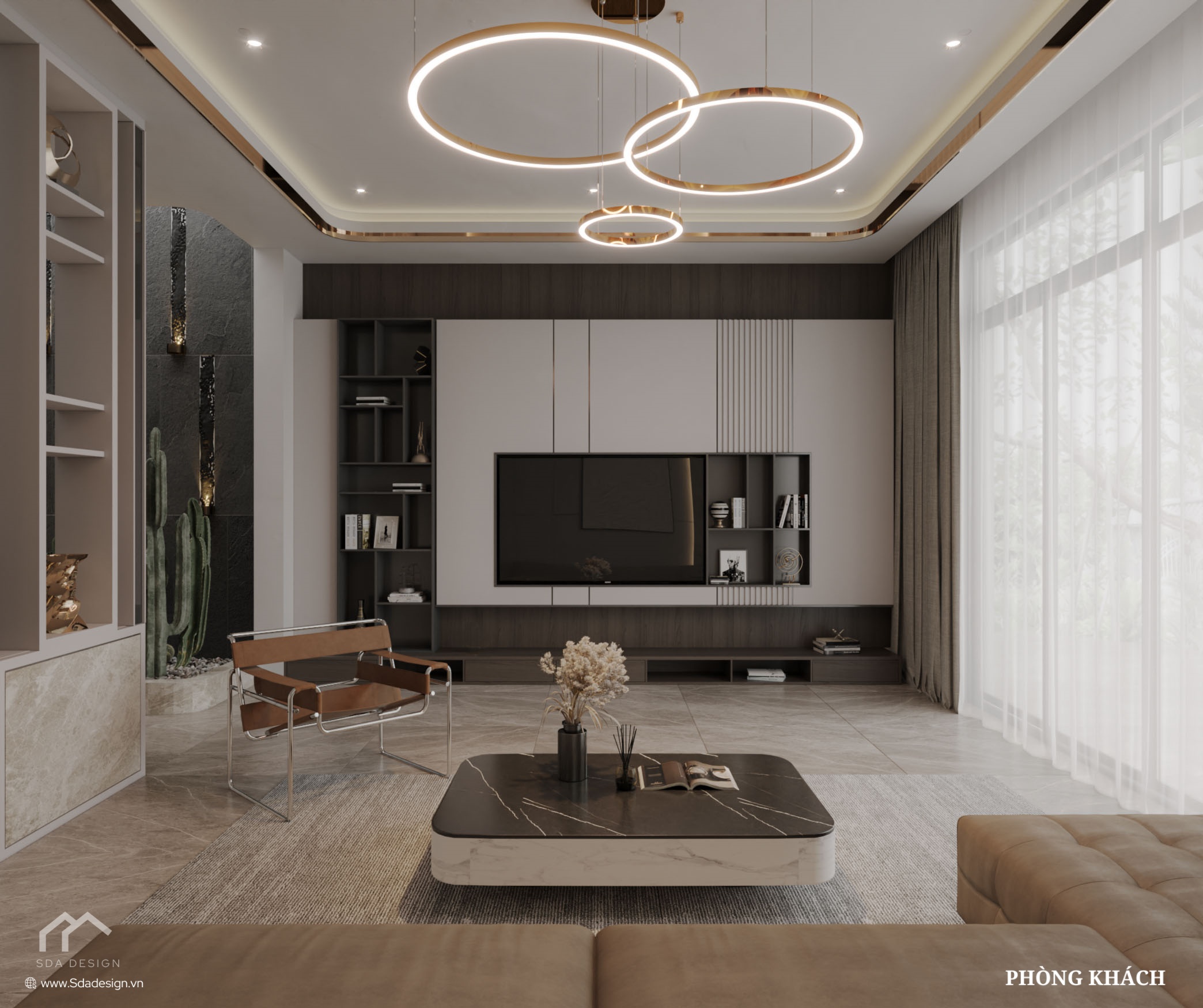 Thiết kế phòng khách hiện đại Luxury màu be và Gold – SDA Design