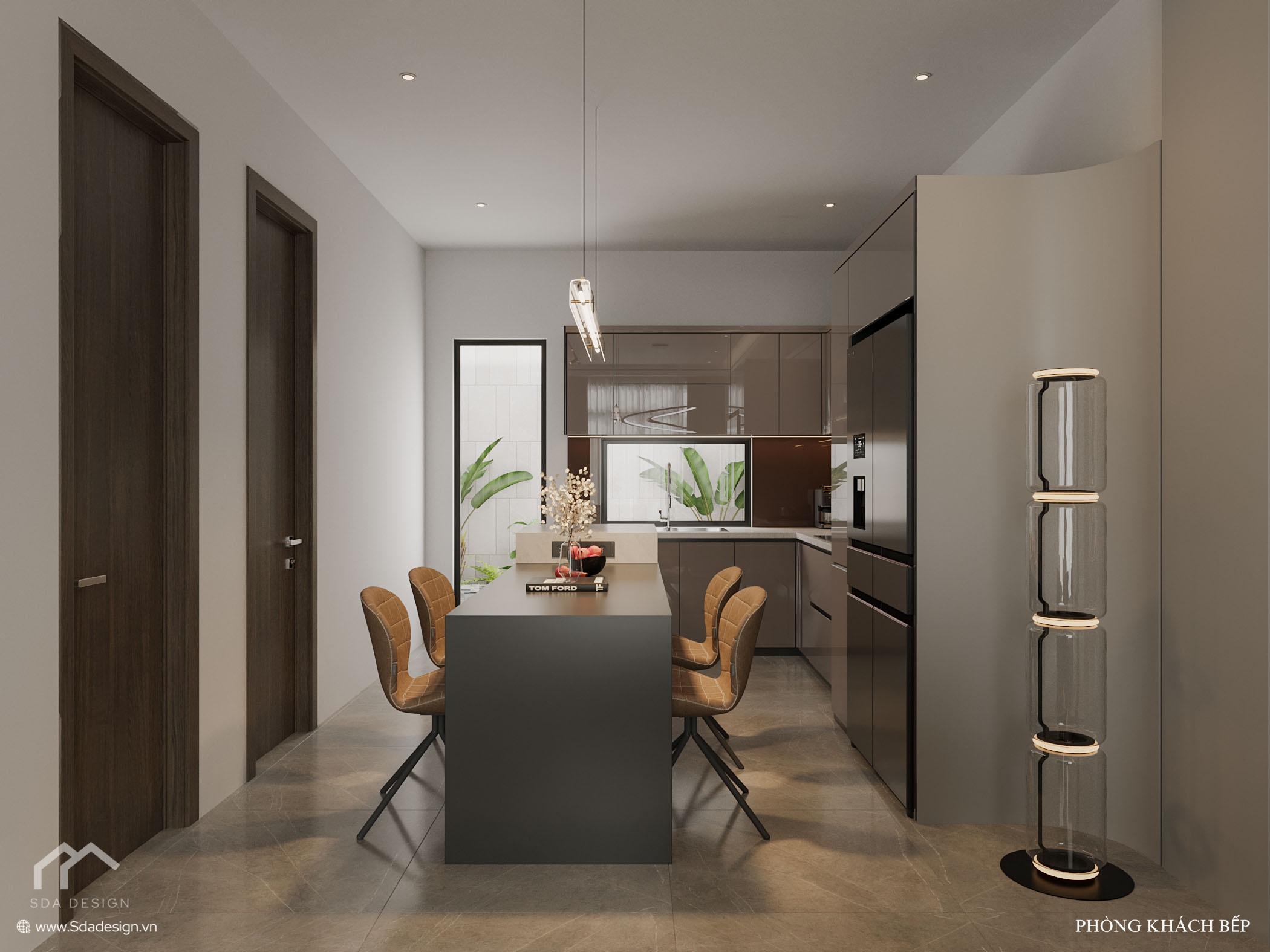 Khu vực bàn ăn và bếp hiện đại tông nâu cà phê Mr. Thu