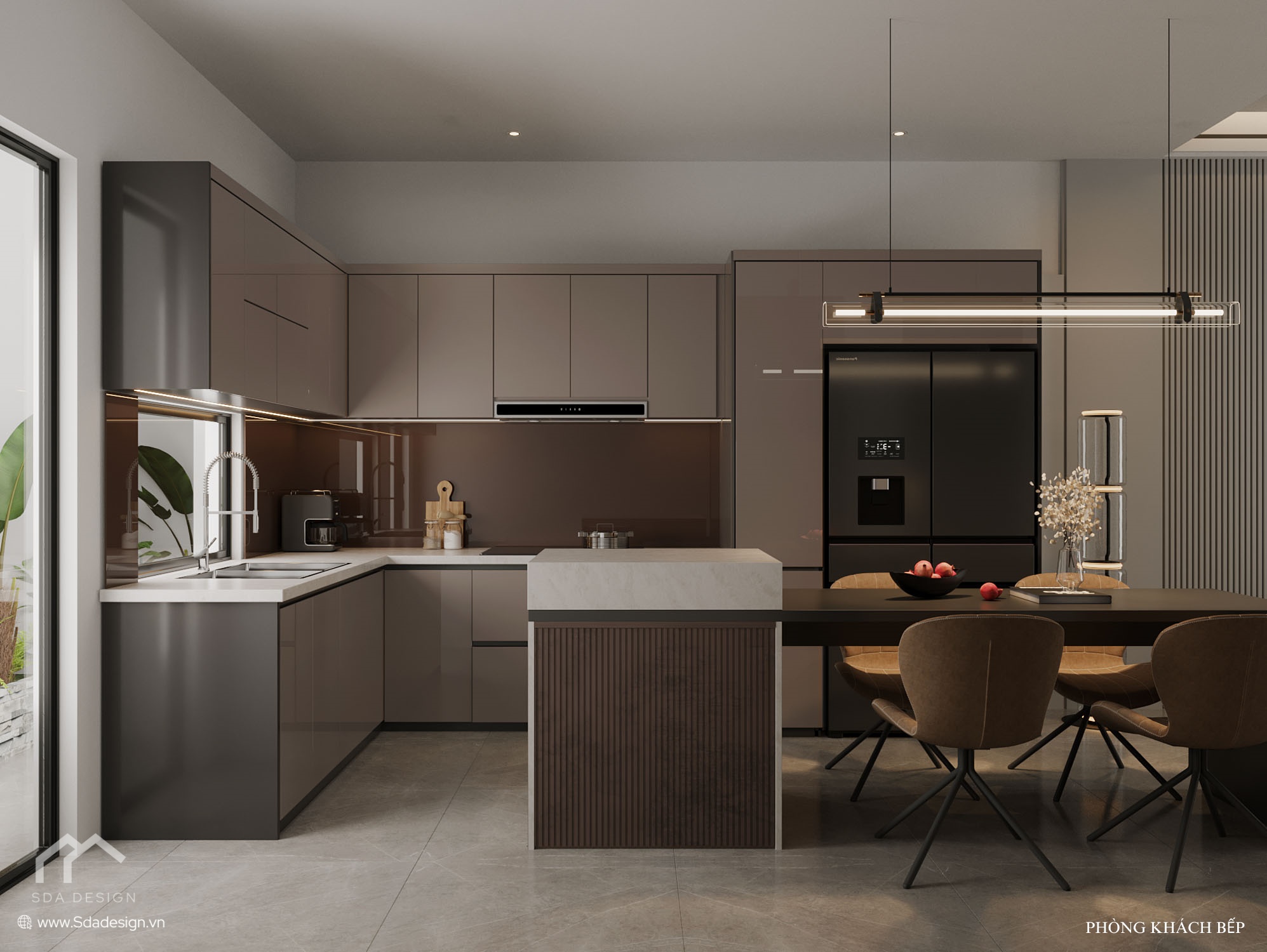 Thiết kế bếp chữ L và đảo bếp màu nâu ghi sang trọng SDA Design