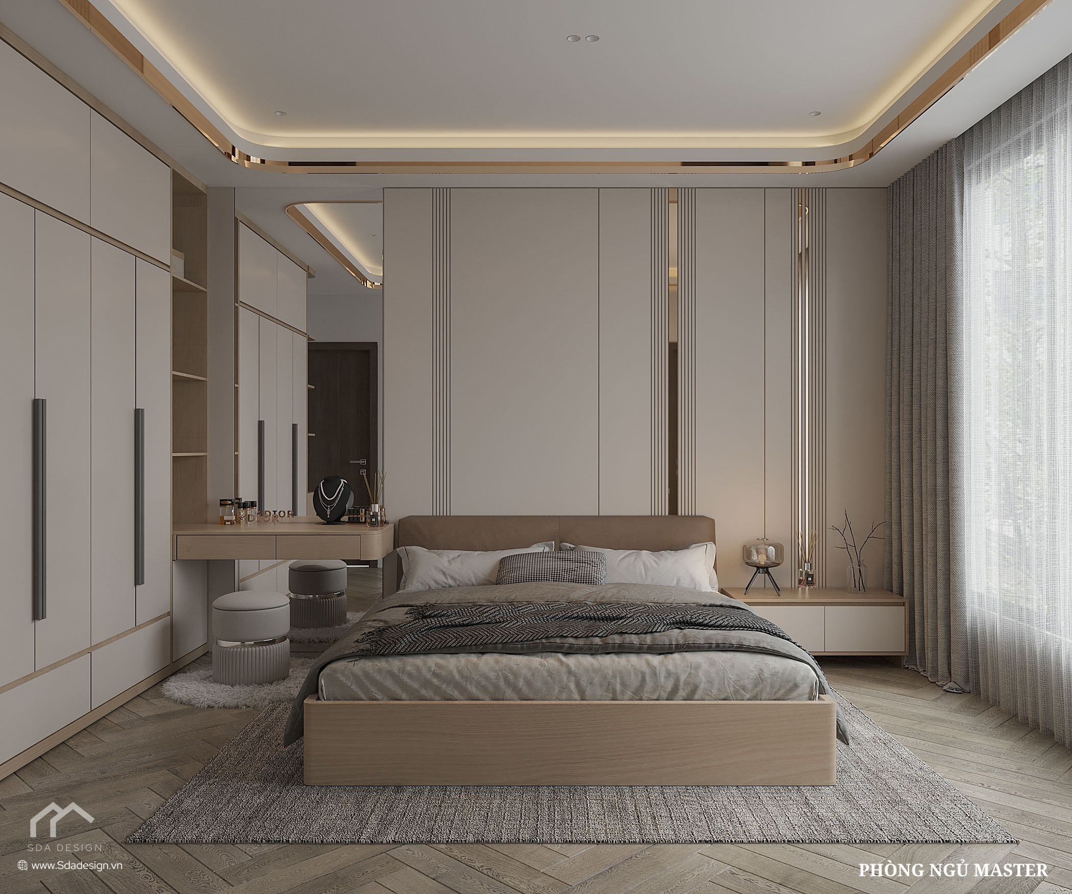 Nội thất phòng ngủ Master hiện đại, ấm cúng với tông màu be/gỗ sáng