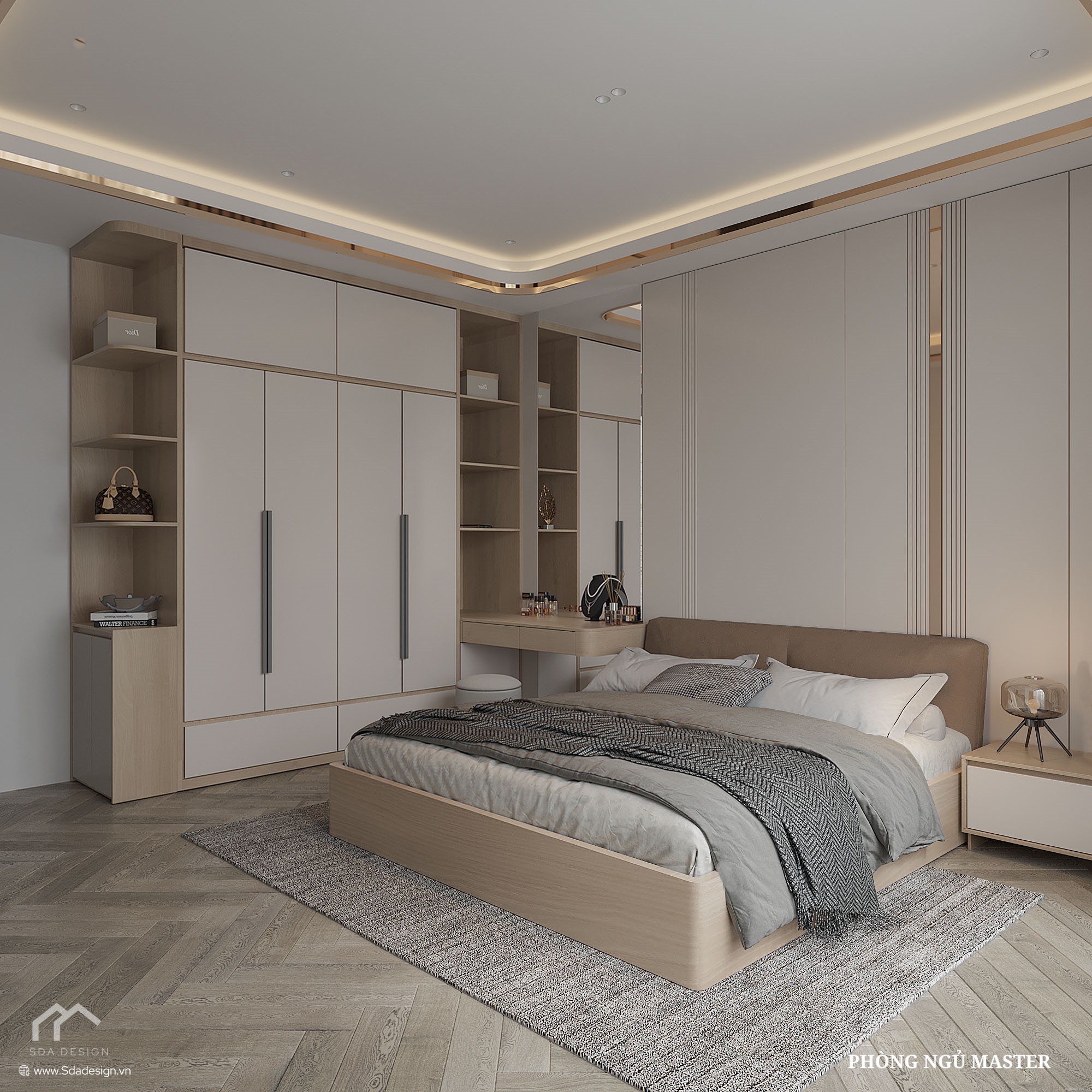 Phòng ngủ Master với hệ tủ kịch trần, bàn trang điểm và viền Gold tinh tế.