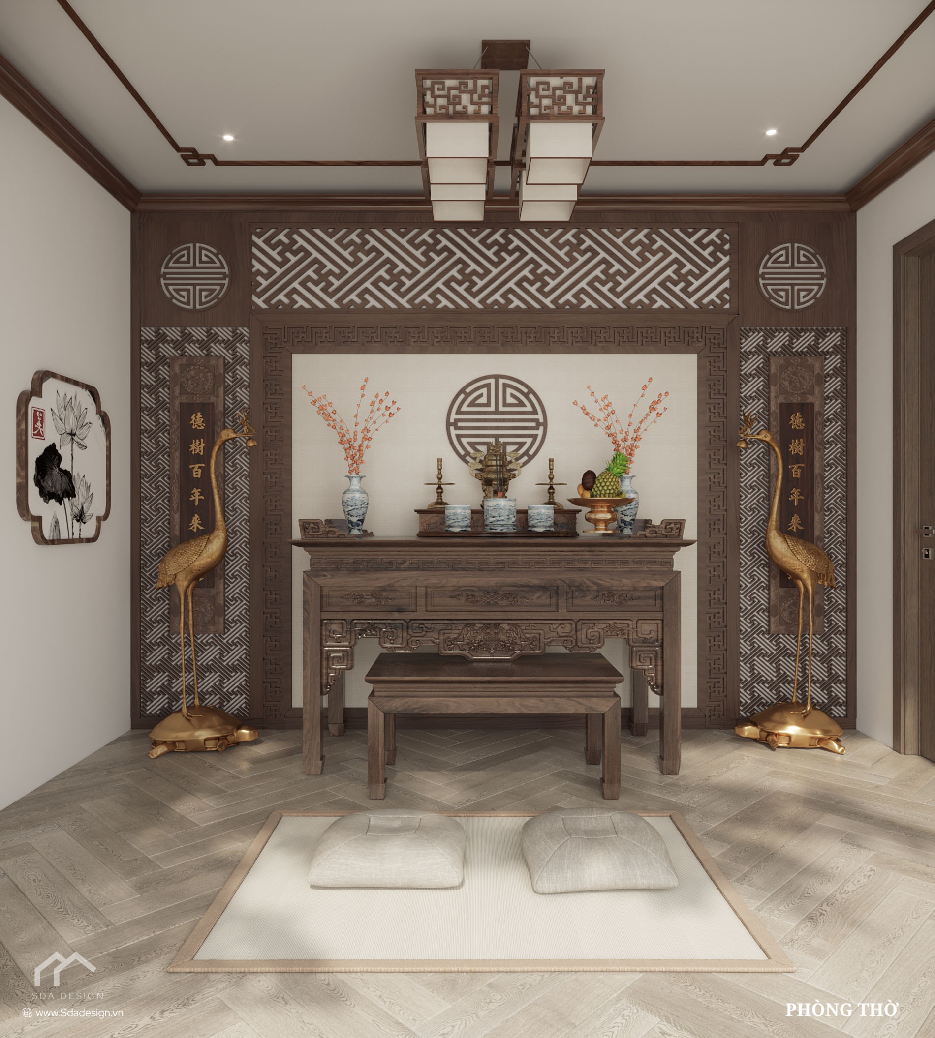 Thiết kế phòng thờ truyền thống gỗ tự nhiên chạm khắc trang nghiêm