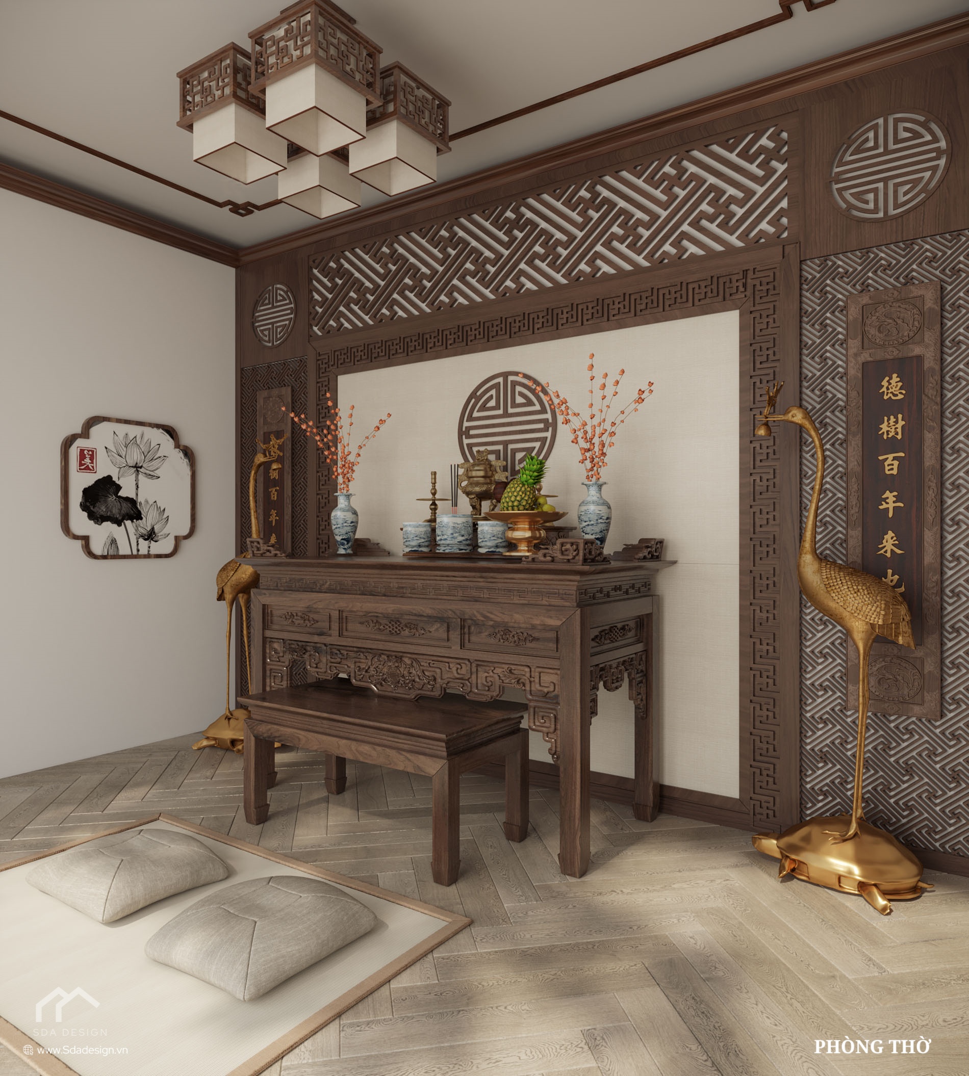 Phòng thờ sử dụng chất liệu gỗ đậm màu, vách CNC họa tiết truyền thống.
