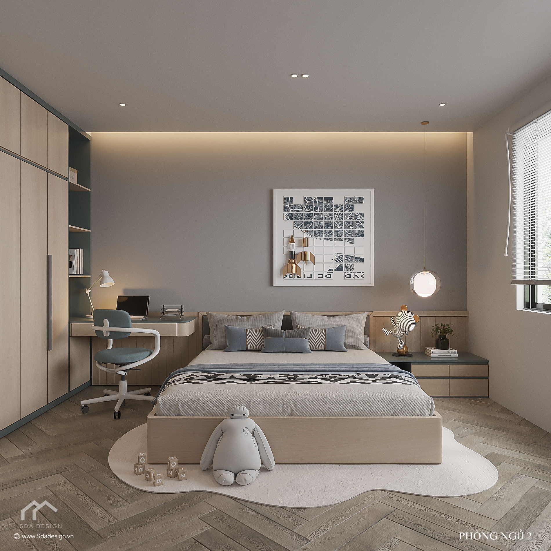 Thiết kế phòng ngủ trẻ em hiện đại tông xanh xám và gỗ sáng nhà Mr. Thục