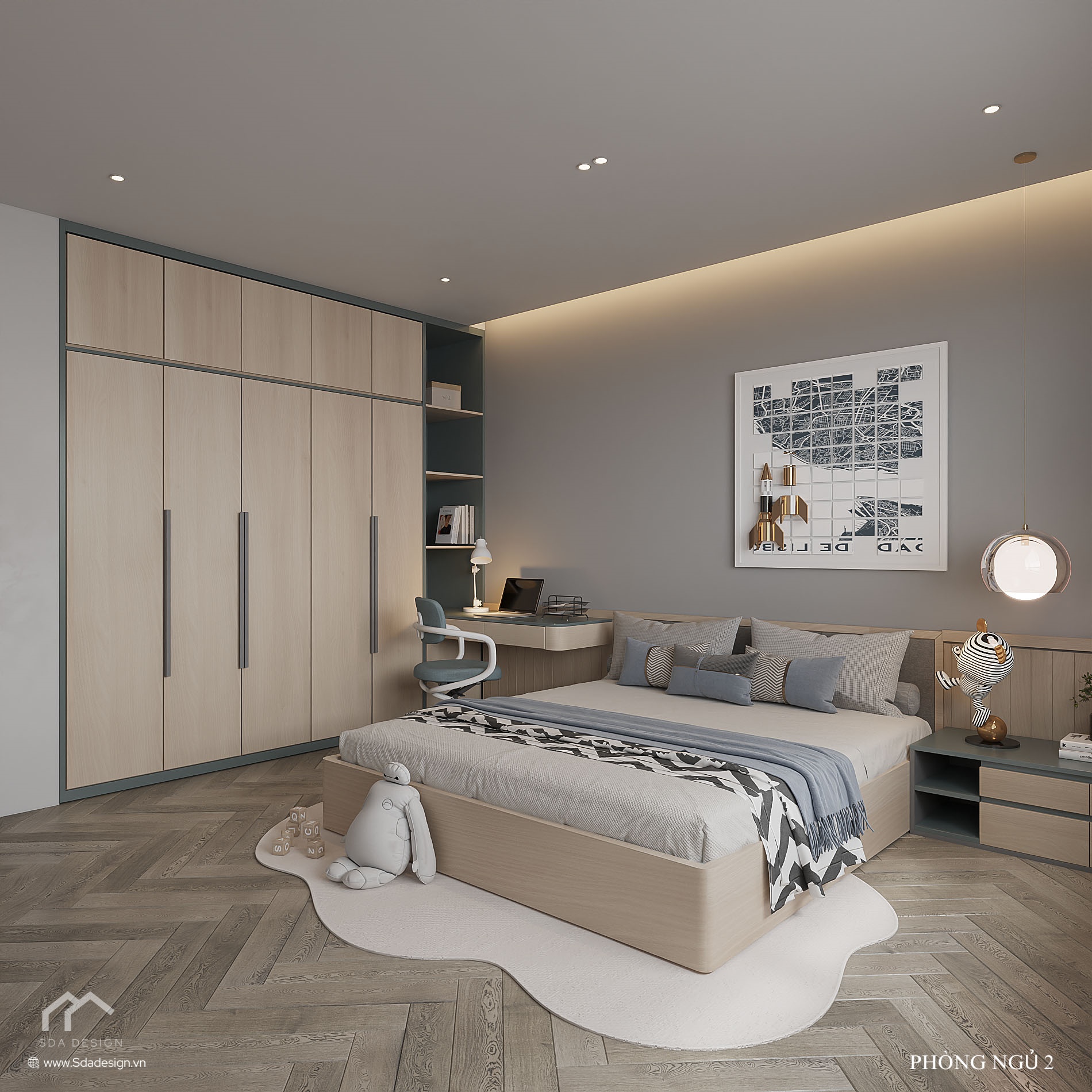 Phòng ngủ bé với khu vực học tập liền kề tủ và giường ngủ có thiết kế tối giản, năng động.