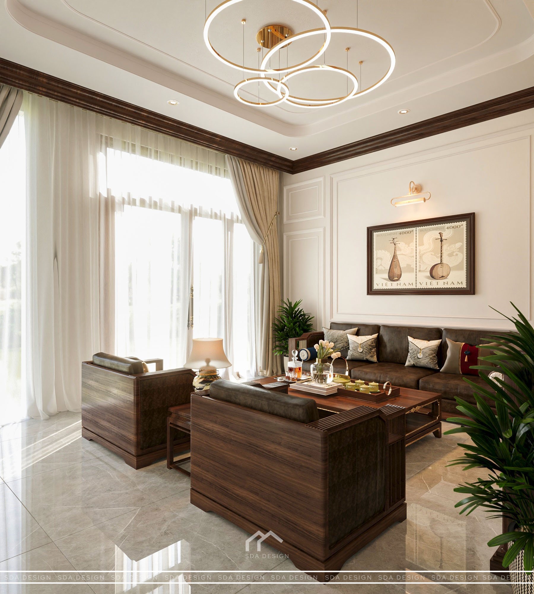 Nội thất phòng khách Neo-Classic Gỗ vách TV đá Marble – SDA Design