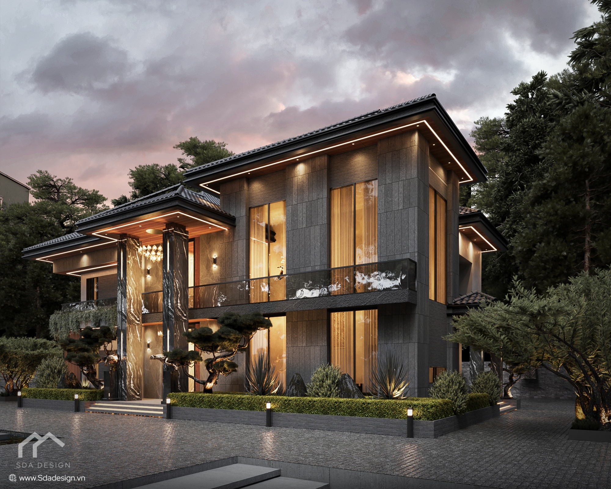 Thiết kế mặt tiền biệt thự sang trọng ốp đá tự nhiên SDA Design