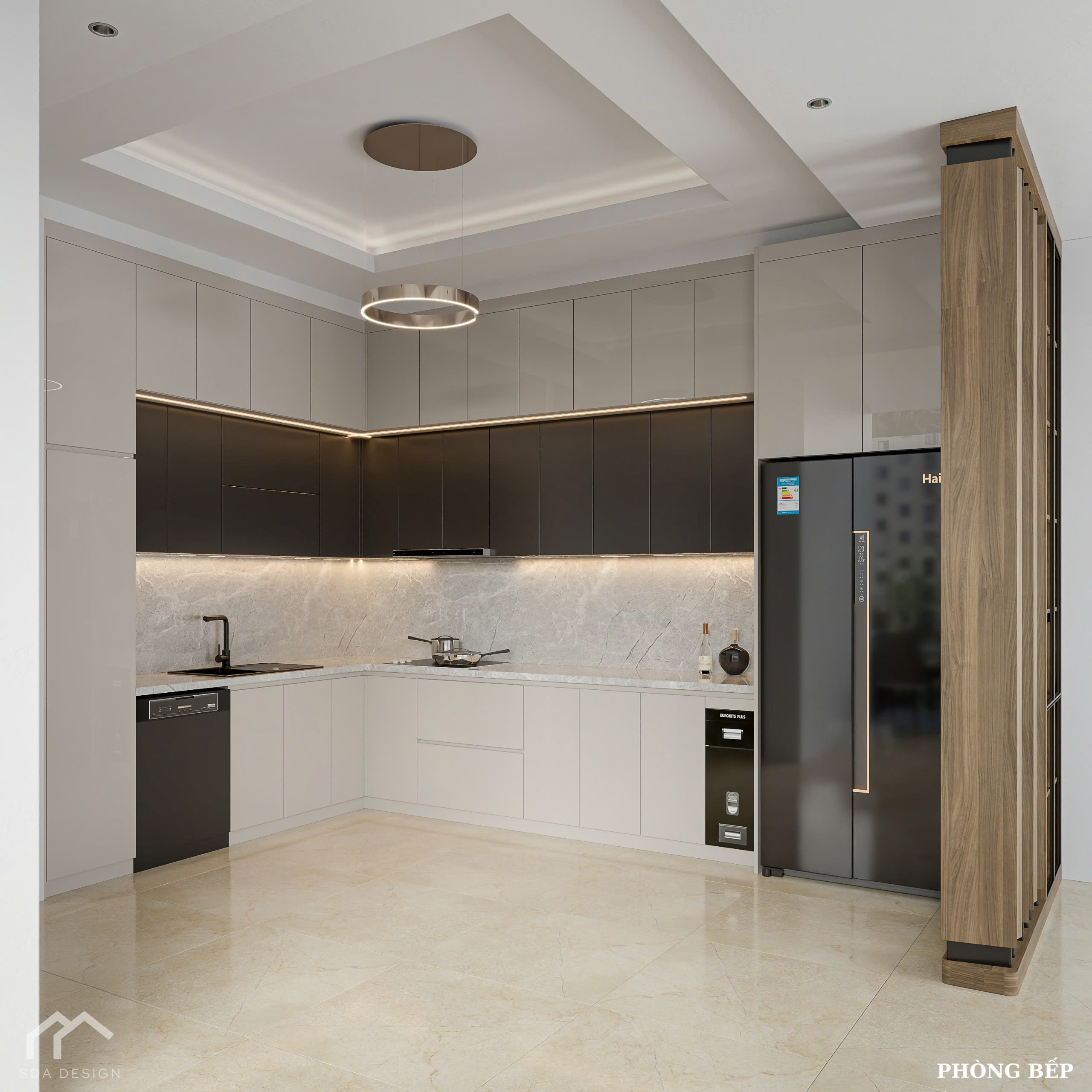 Tủ bếp hiện đại tông trắng đen, vật liệu Acrylic bóng – Kỳ Anh Hà Tĩnh