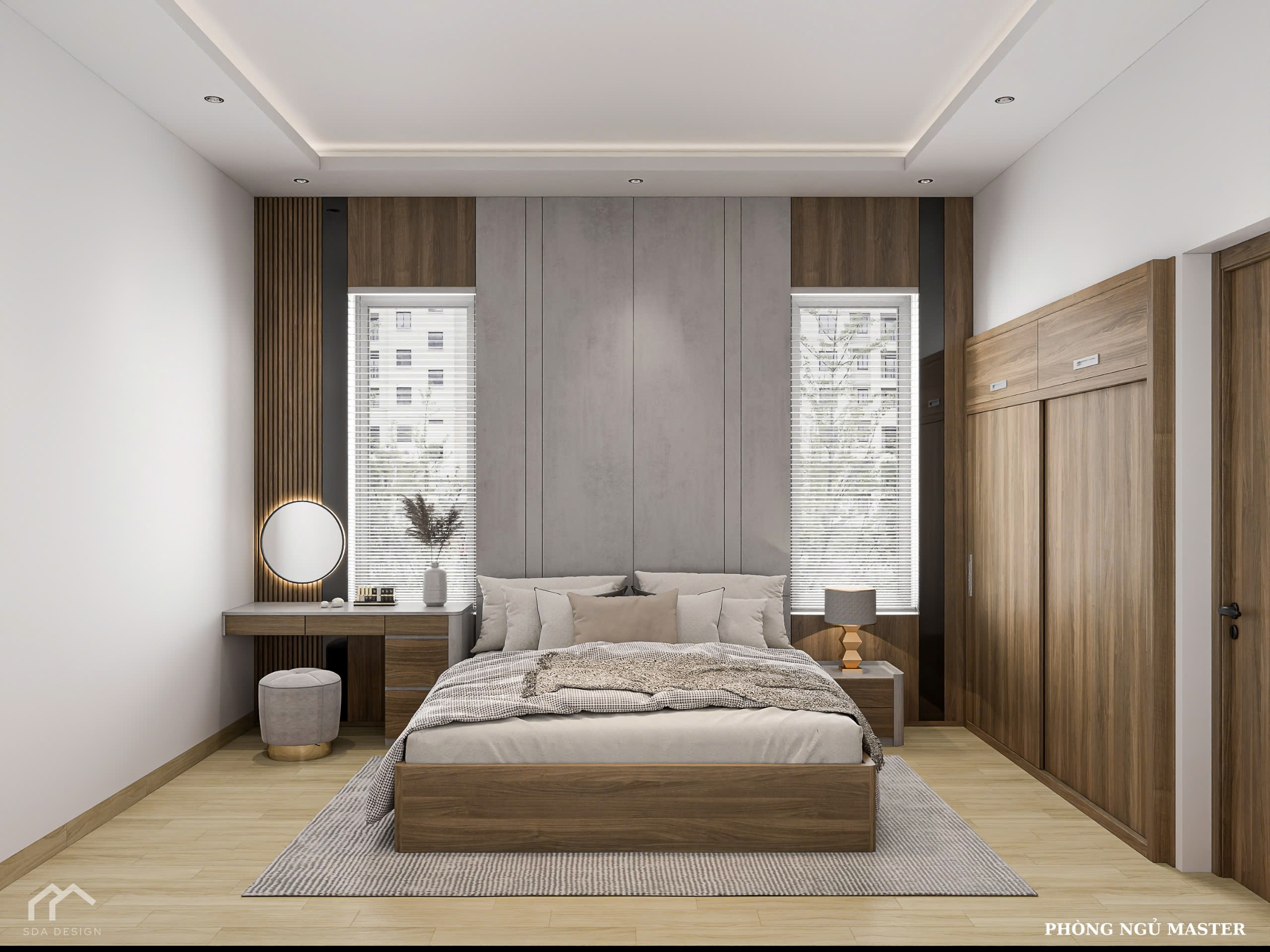 Thiết kế phòng ngủ Master ấm áp, vách đầu giường vân gỗ và xám xi măng – SDA Design