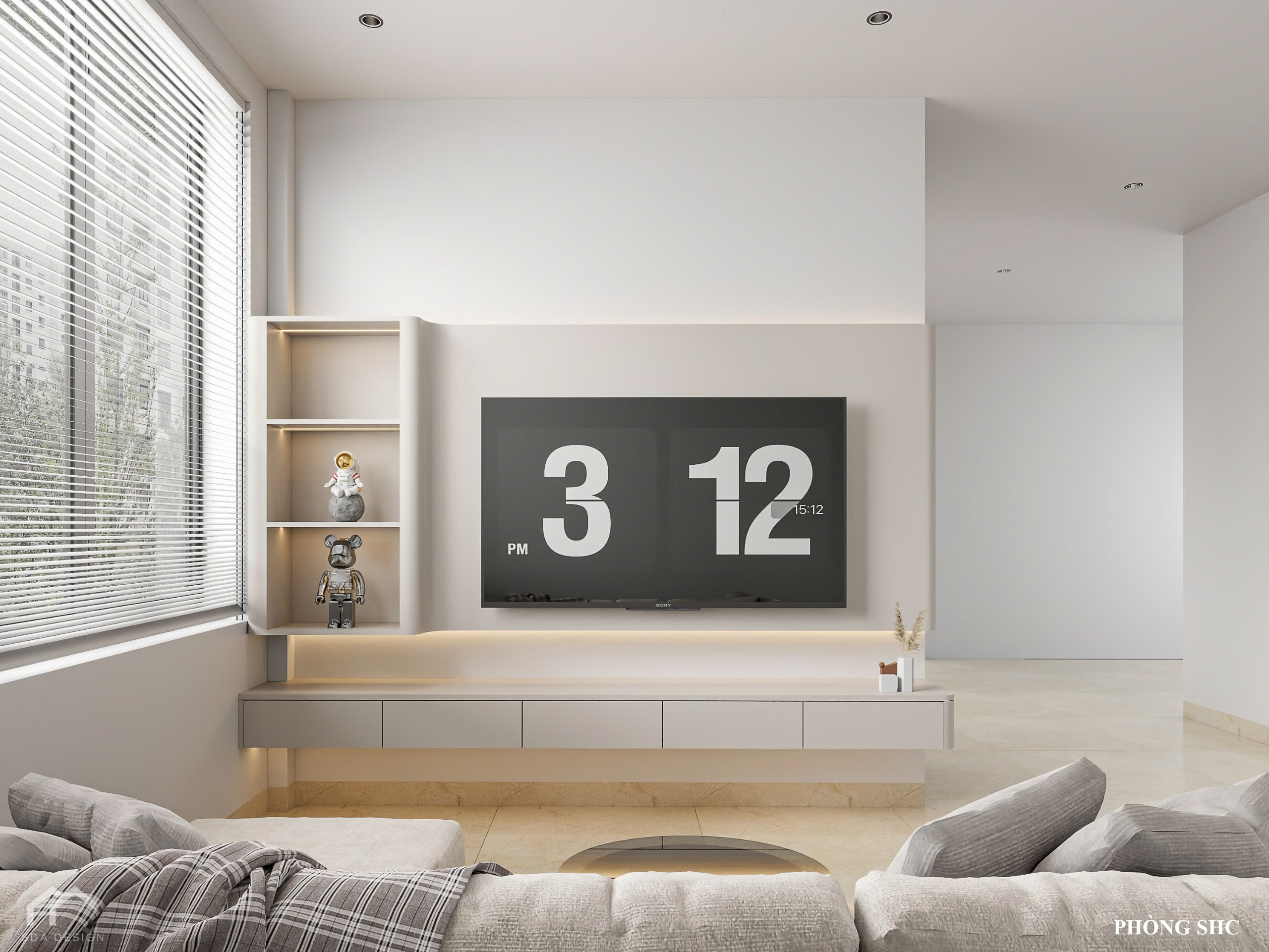 Thiết kế phòng khách hiện đại tối giản, vách TV nổi khối – SDA Design