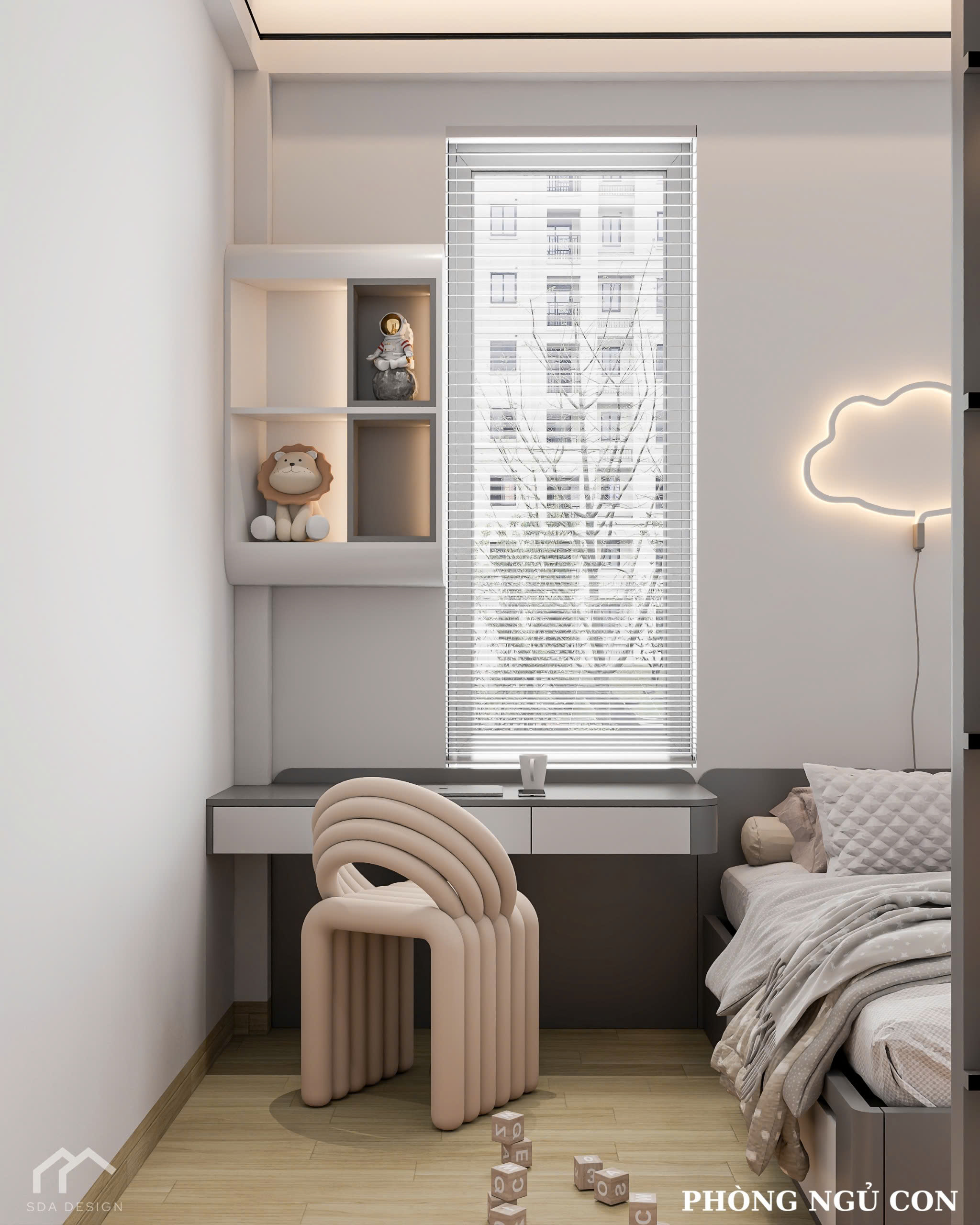 Thiết kế phòng ngủ con hiện đại, bàn học tối giản và đèn đám mây – SDA Design