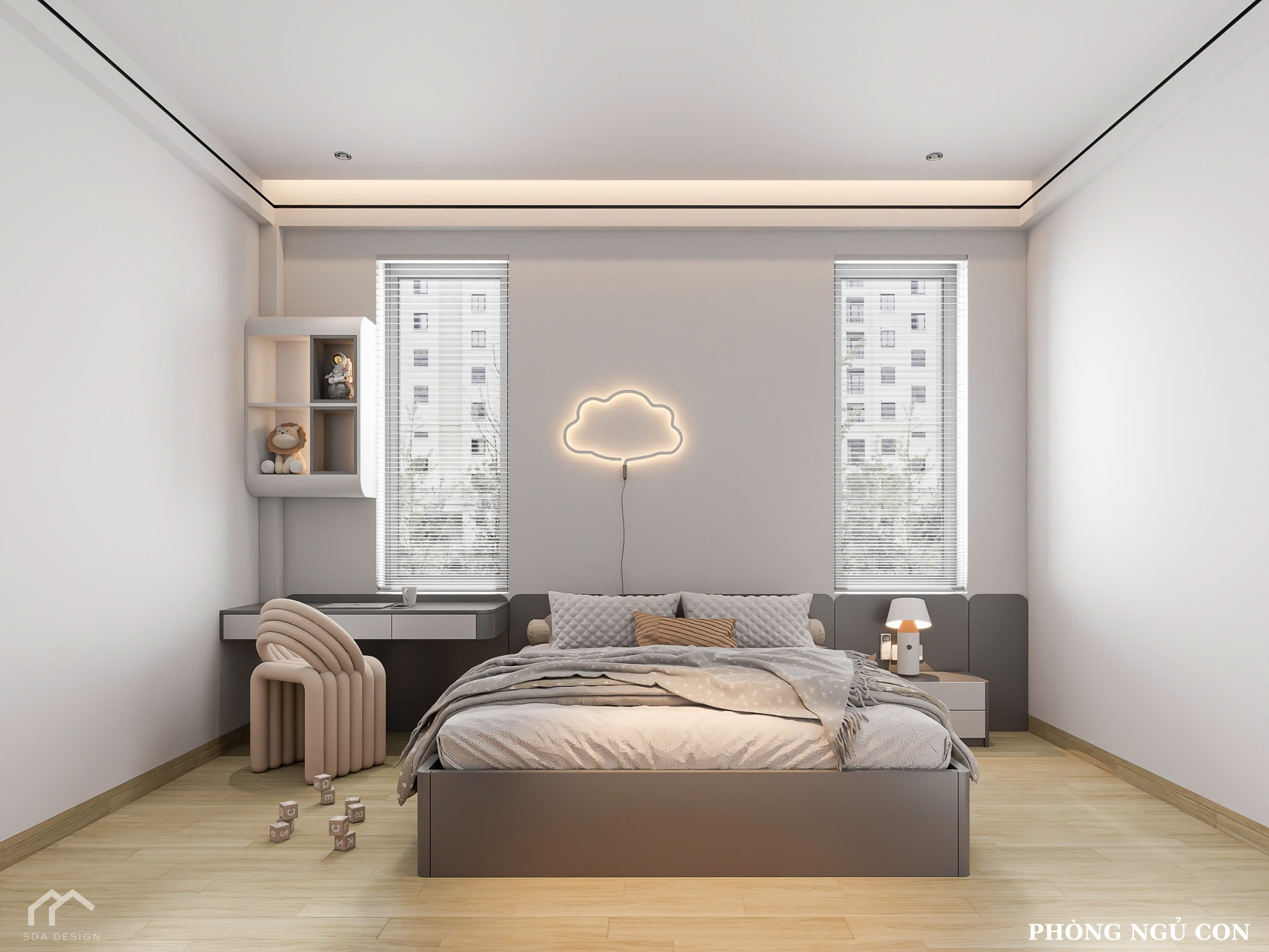 Thiết kế phòng ngủ con hiện đại, bàn học tối giản và đèn đám mây – SDA Design
