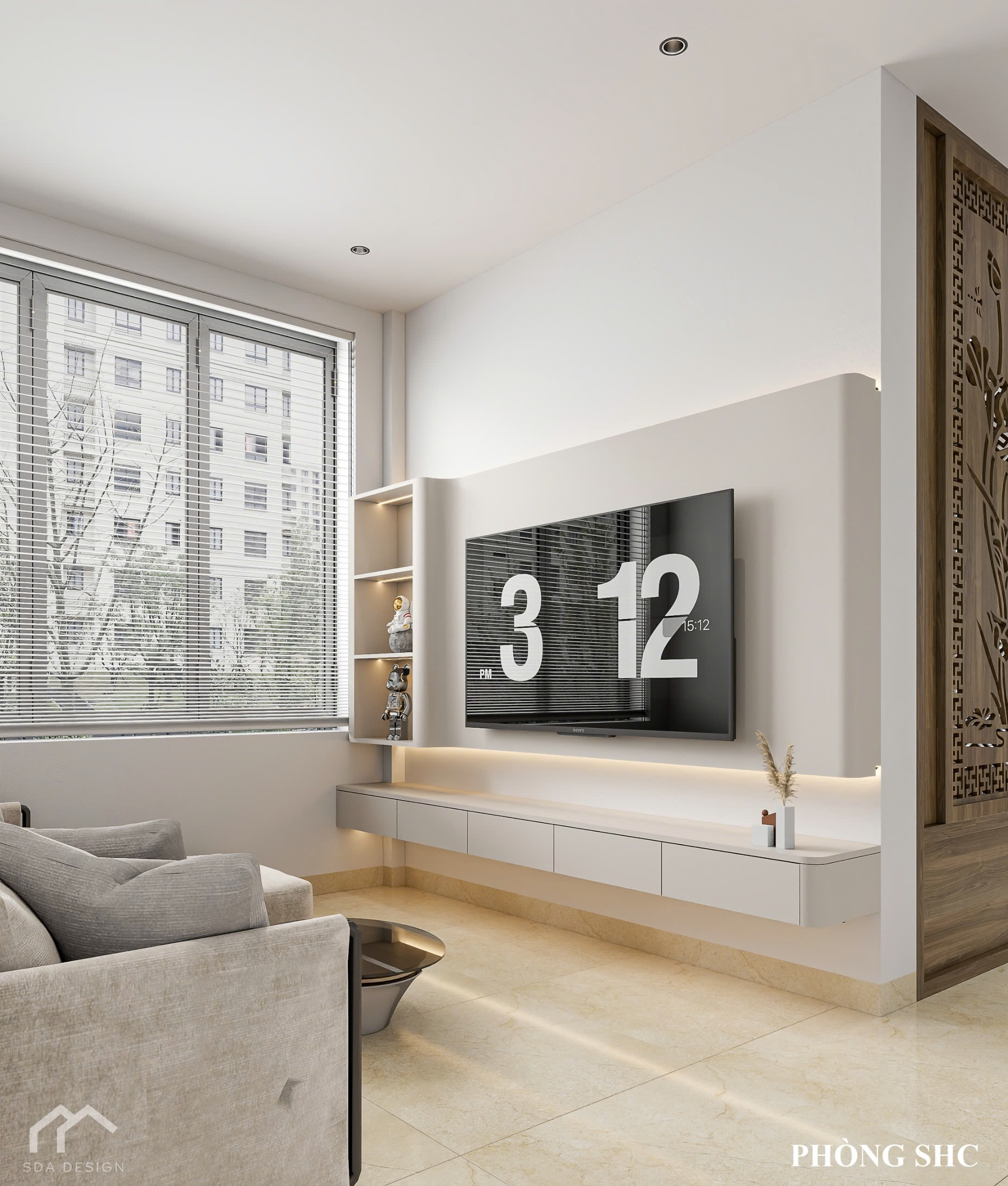 Phòng sinh hoạt chung với kệ TV treo và tông màu trắng be nhẹ nhàng.