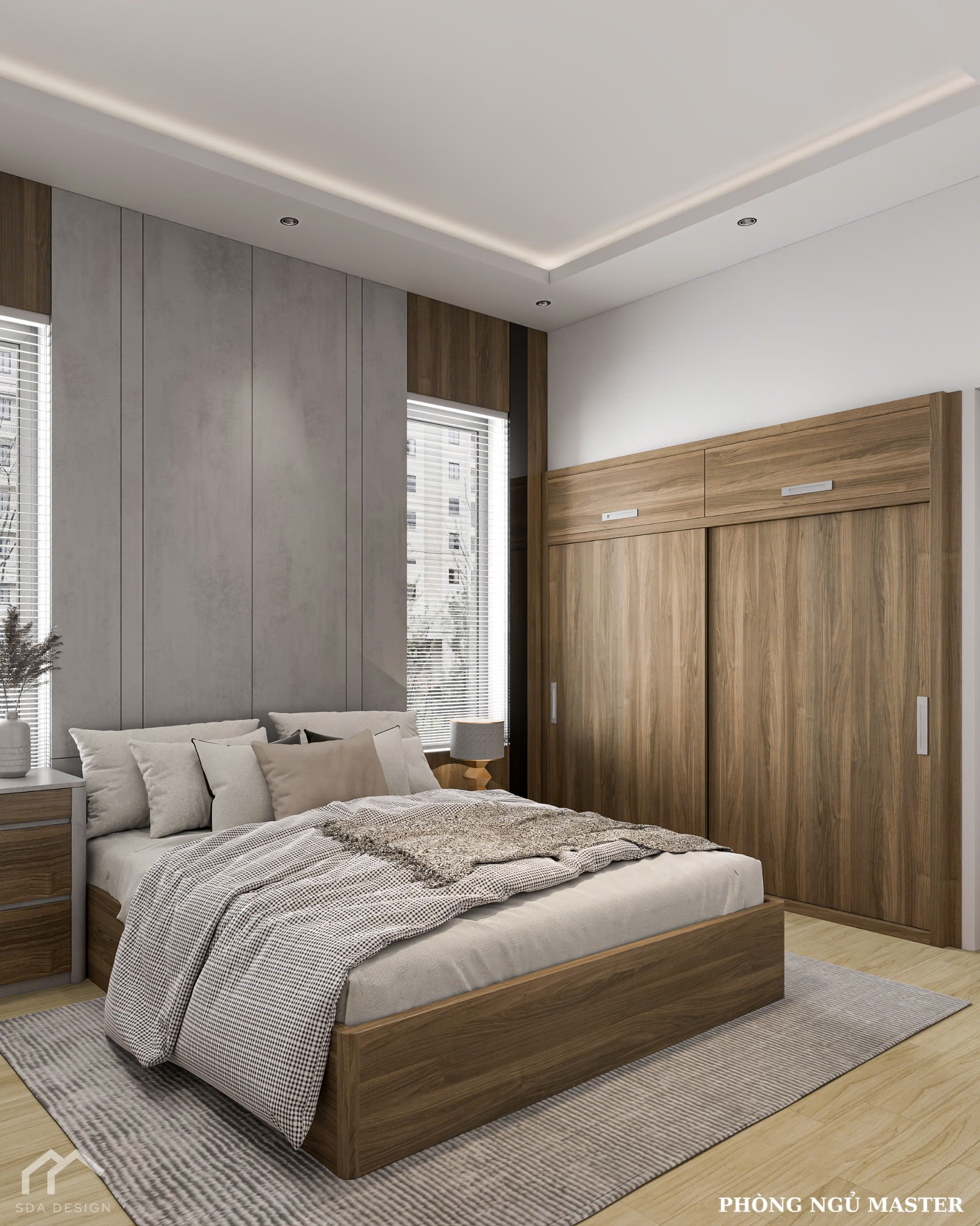 Thiết kế phòng ngủ Master ấm áp, vách đầu giường vân gỗ và xám xi măng – SDA Design