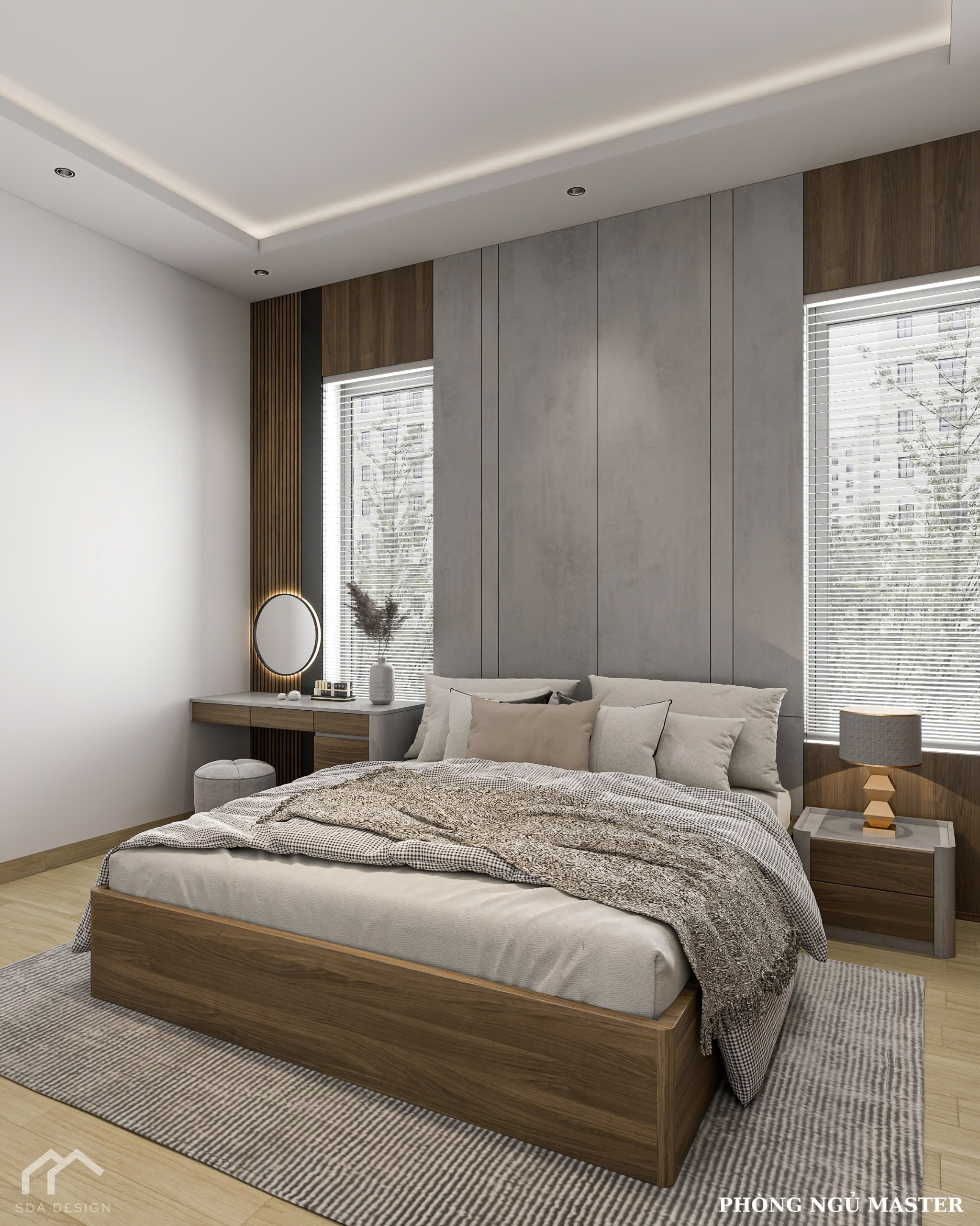 Thiết kế phòng ngủ Master ấm áp, vách đầu giường vân gỗ và xám xi măng – SDA Design