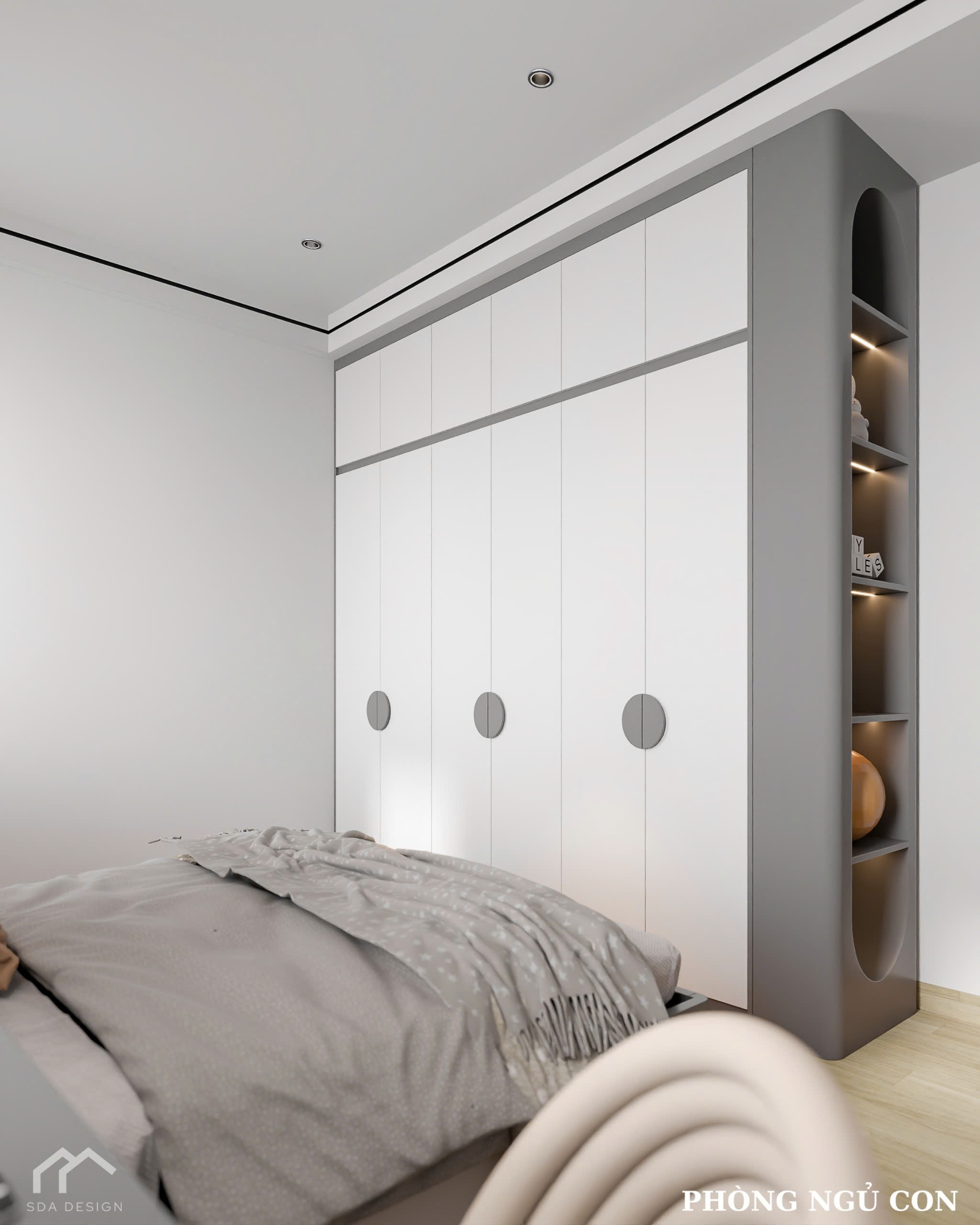 Phòng ngủ con với bàn học nhỏ gọn, ghế hình khối độc đáo và đèn neon trang trí.