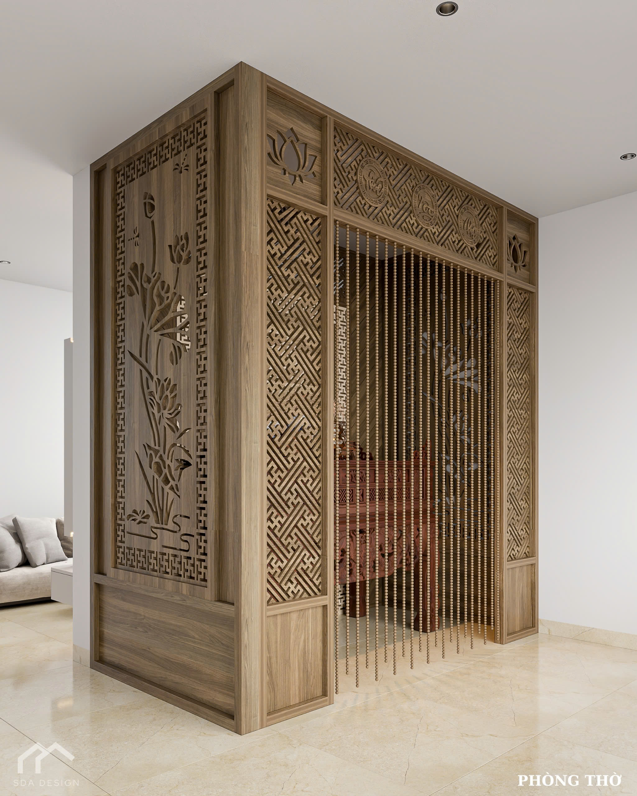 Khu vực phòng thờ được phân tách bằng vách CNC và rèm hạt gỗ, tạo sự trang nghiêm.