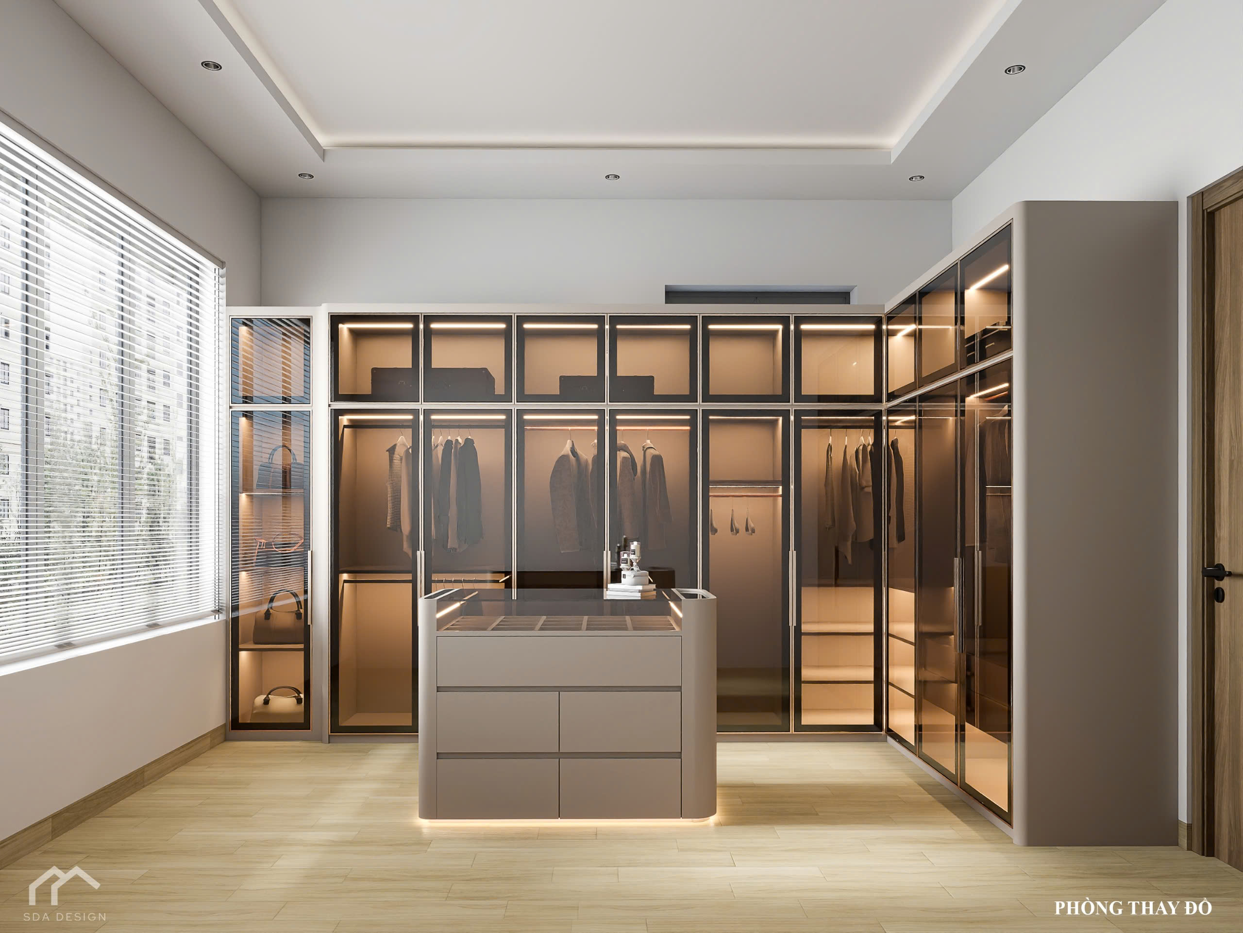 Phòng thay đồ hiện đại cánh kính, bàn đảo trung tâm có đèn LED – SDA Design