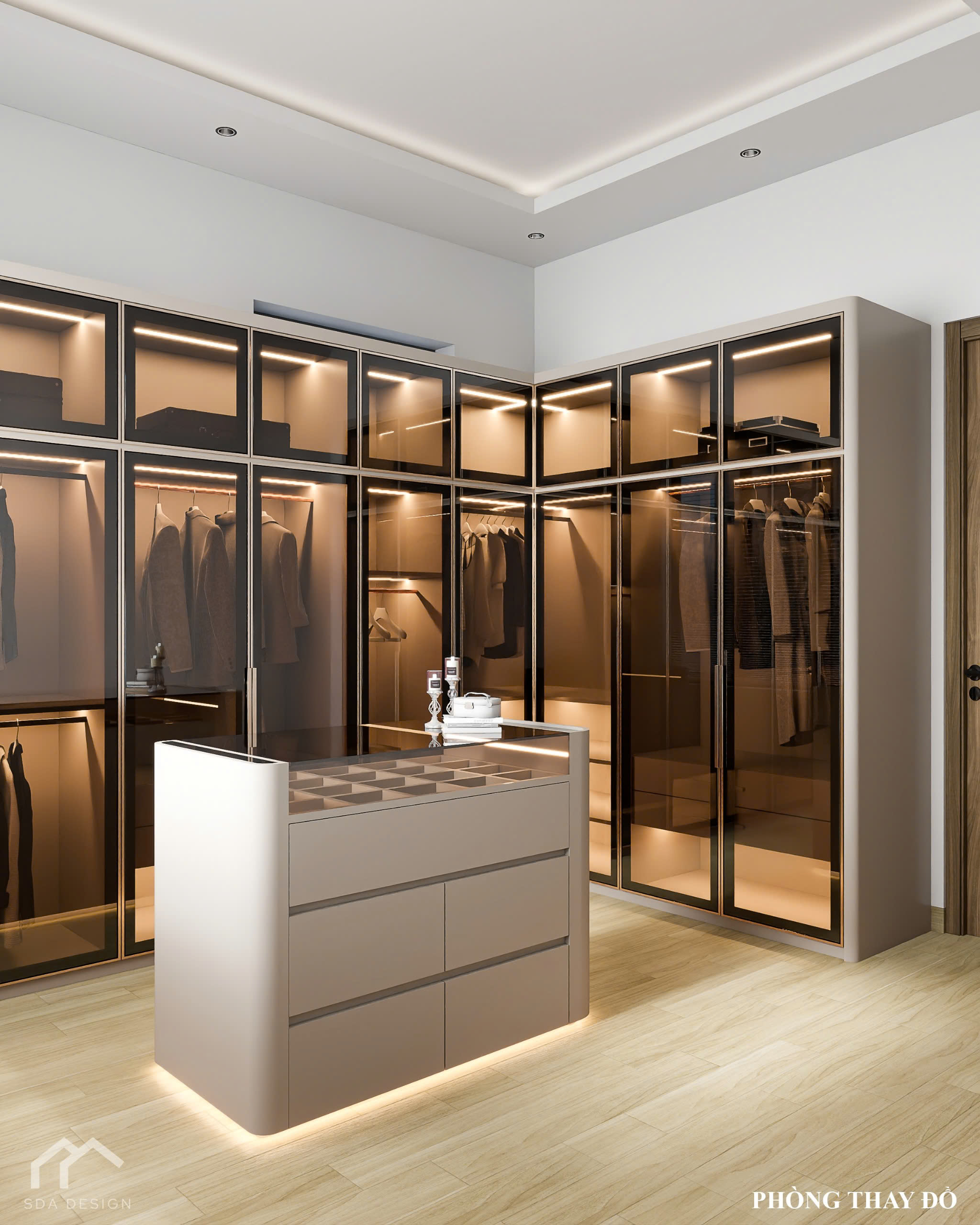 Phòng thay đồ hiện đại cánh kính, bàn đảo trung tâm có đèn LED – SDA Design