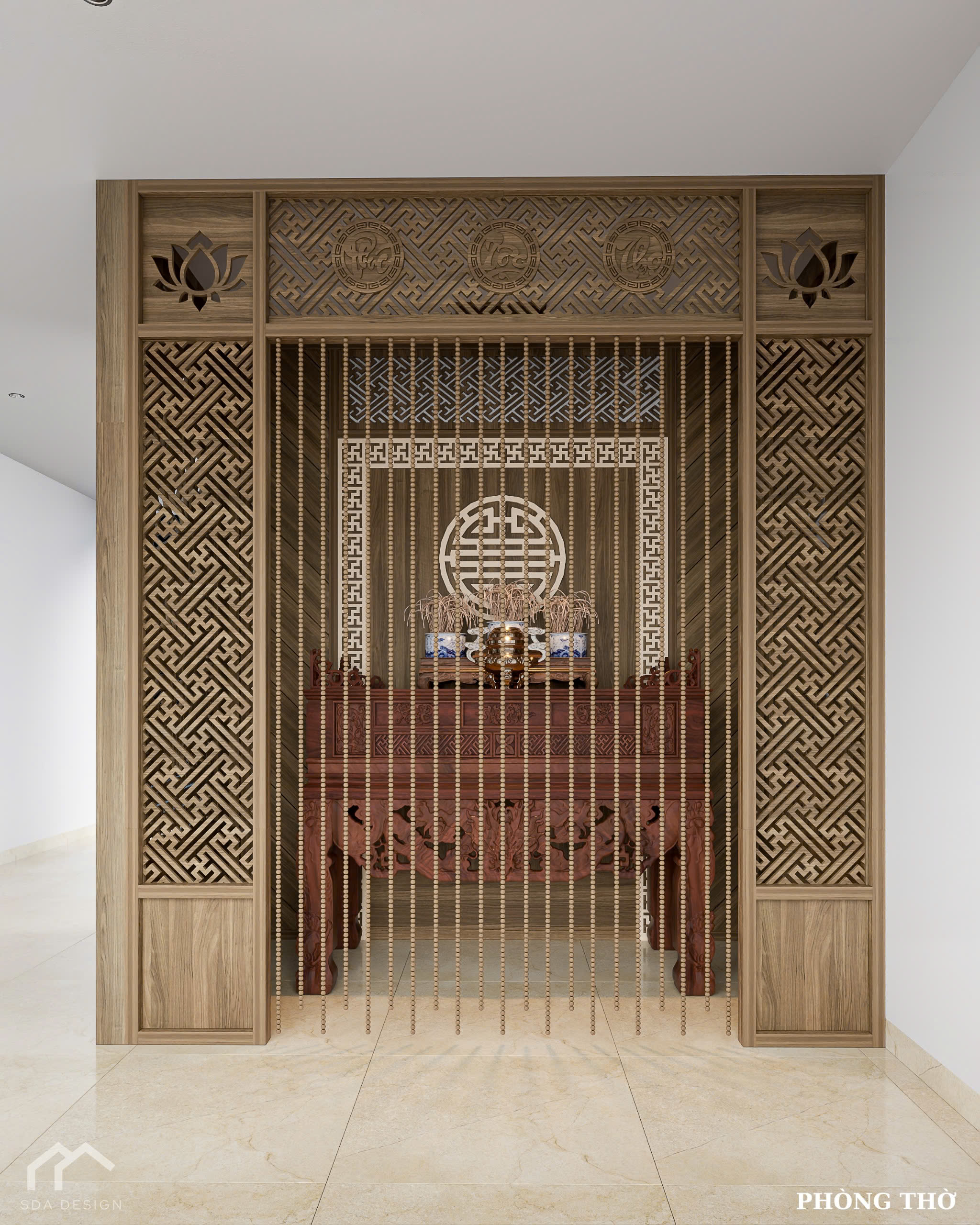 Vách ngăn phòng thờ CNC họa tiết truyền thống Á Đông gỗ sồi/óc chó – Kỳ Anh